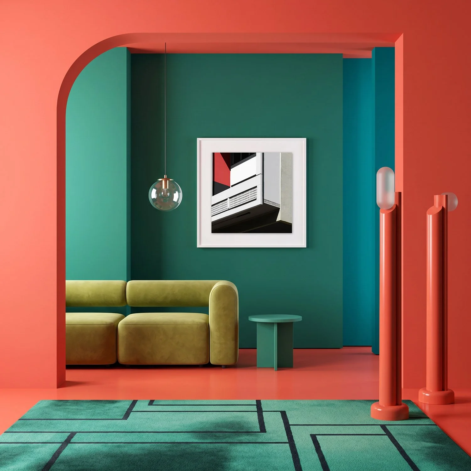 Corbusierhaus Berlin 10 framed photography print in coral and deep teal maximalist interior