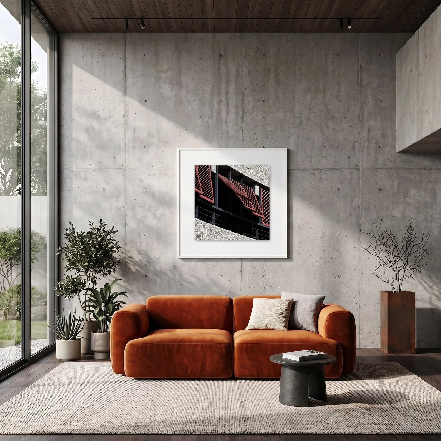 Barbican Centre 09 framed photography print in raw concrete and rust modern interior