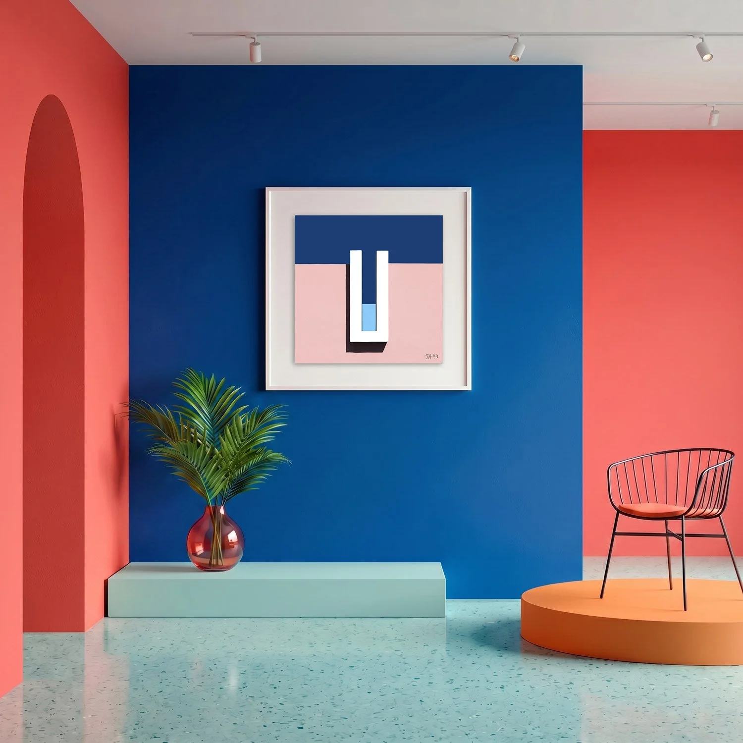 Muralla Roja 12 framed photography print in bold cobalt blue and coral gallery interior