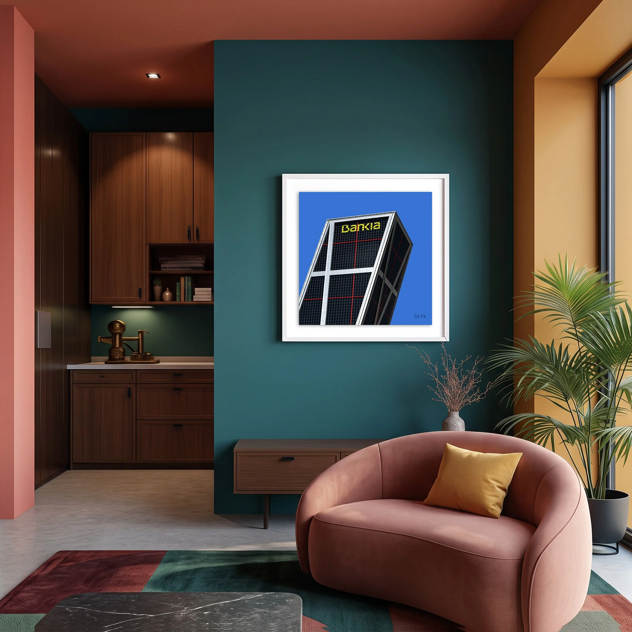 Puerta de Europa 07 framed photography print in teal and terracotta mid-century modern living room