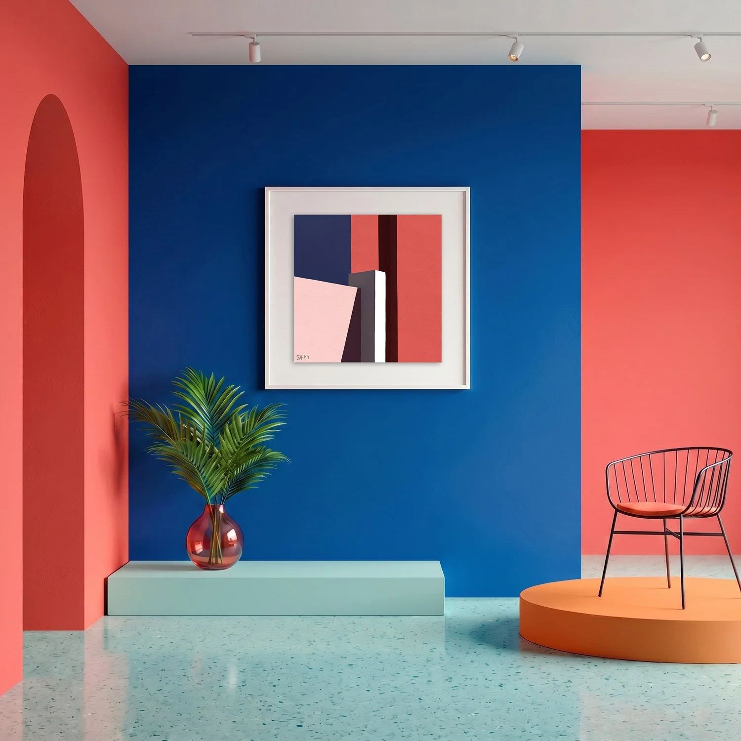 Muralla Roja 07 framed photography print in bold cobalt blue and coral gallery interior