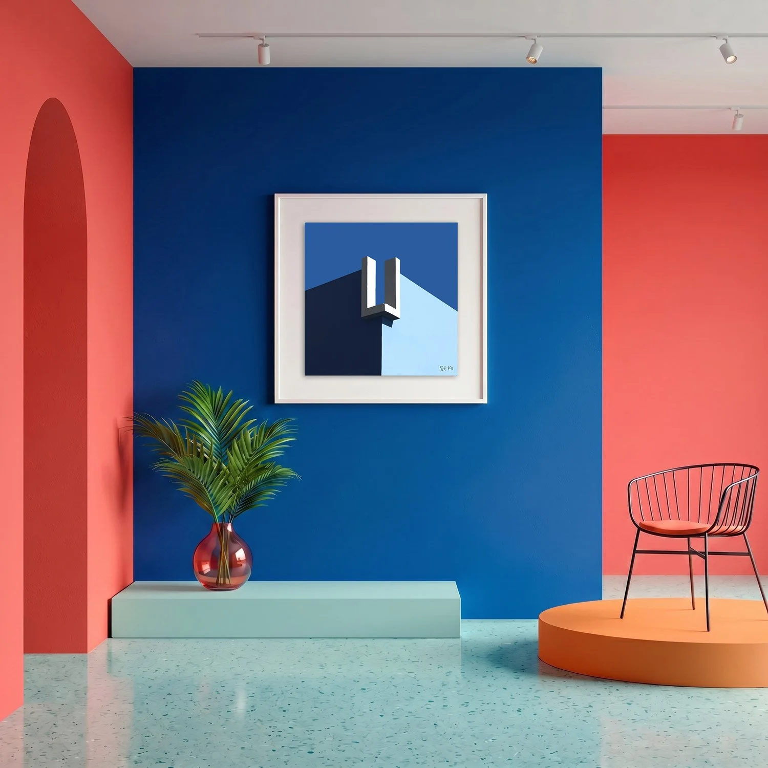 Muralla Roja 20 framed photography print in bold cobalt blue and coral gallery interior