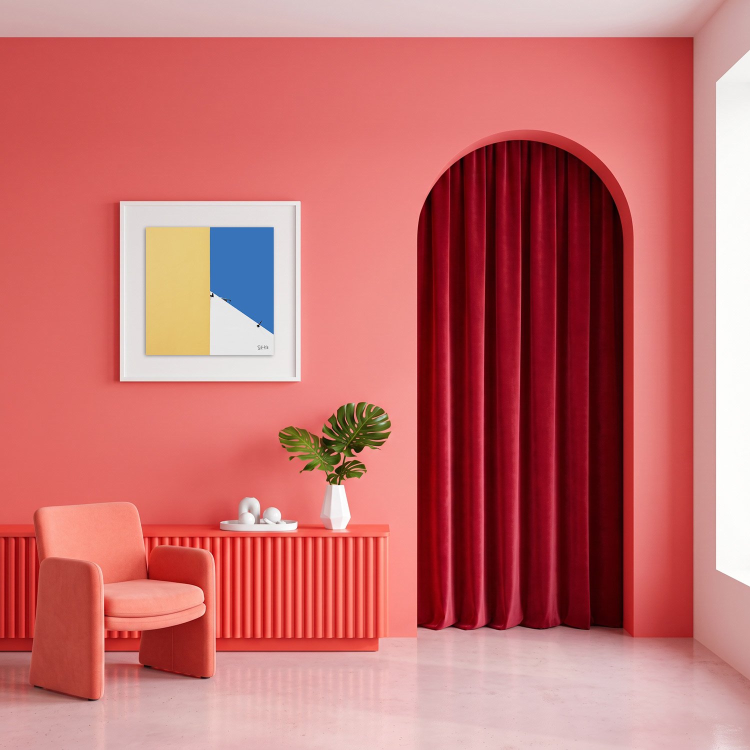 Lisbon 08 framed photography print in warm coral and crimson arched interior