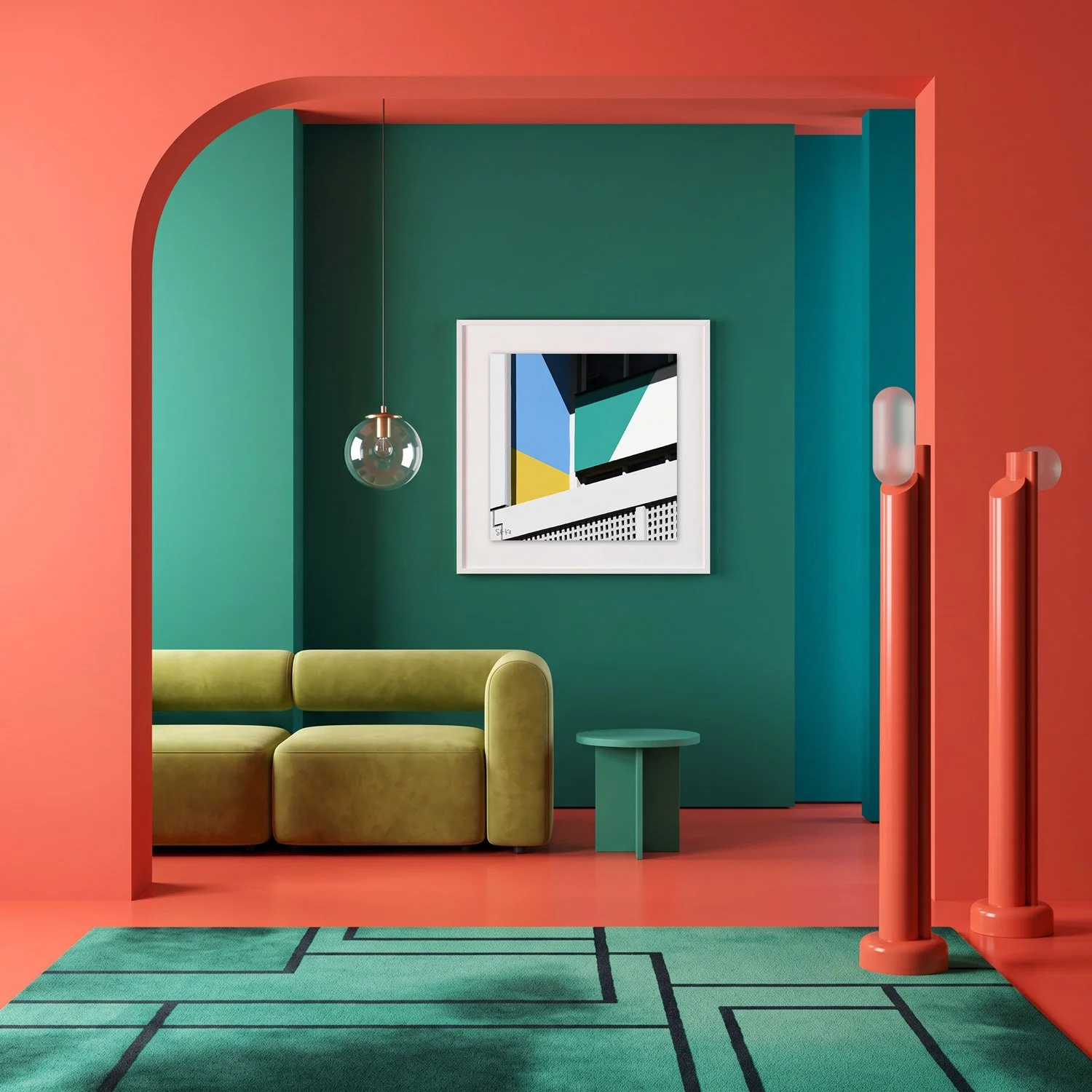 Corbusierhaus Berlin 08 framed photography print in coral and deep teal maximalist interior