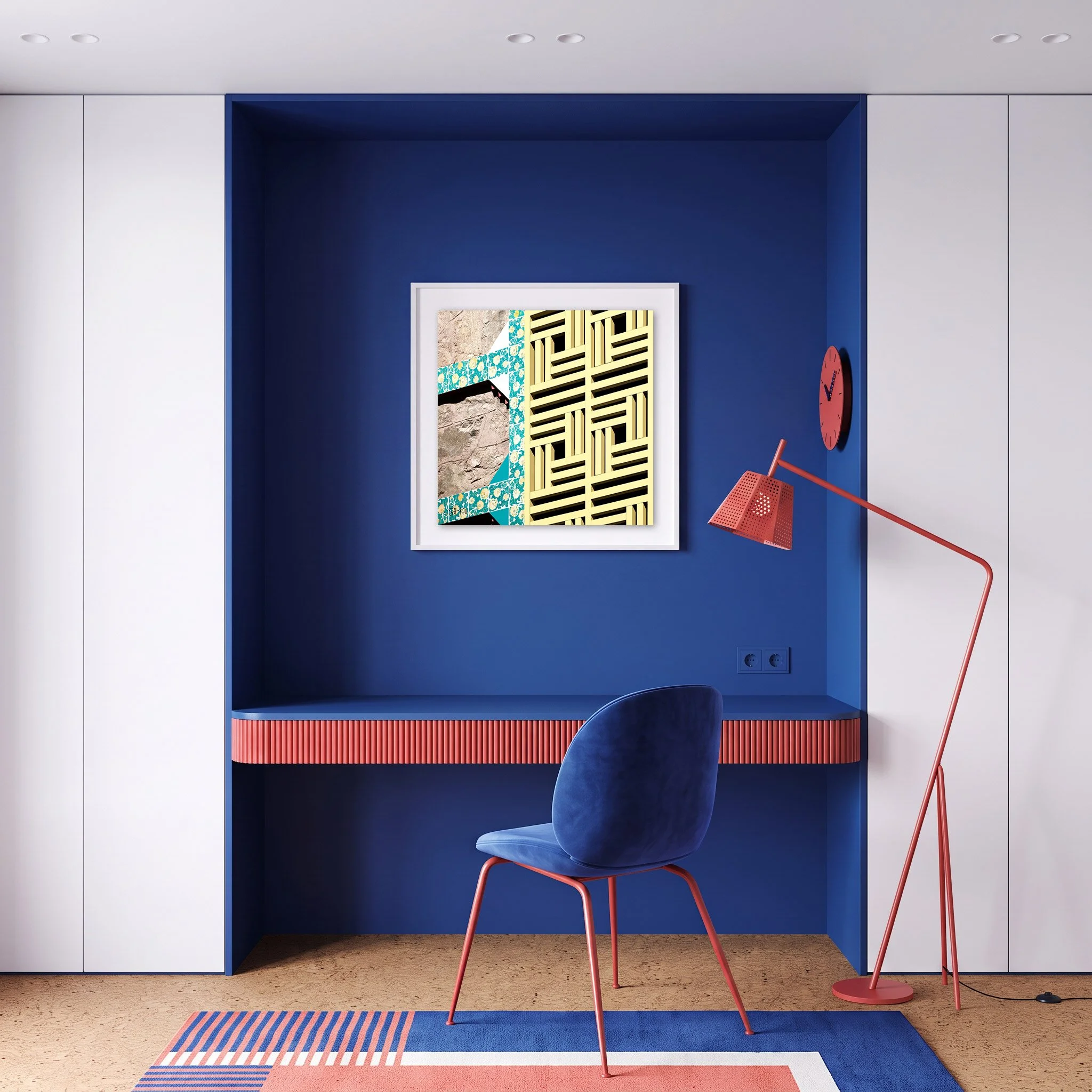 Casa Vicens 06 framed photography print in bold blue and coral modern study