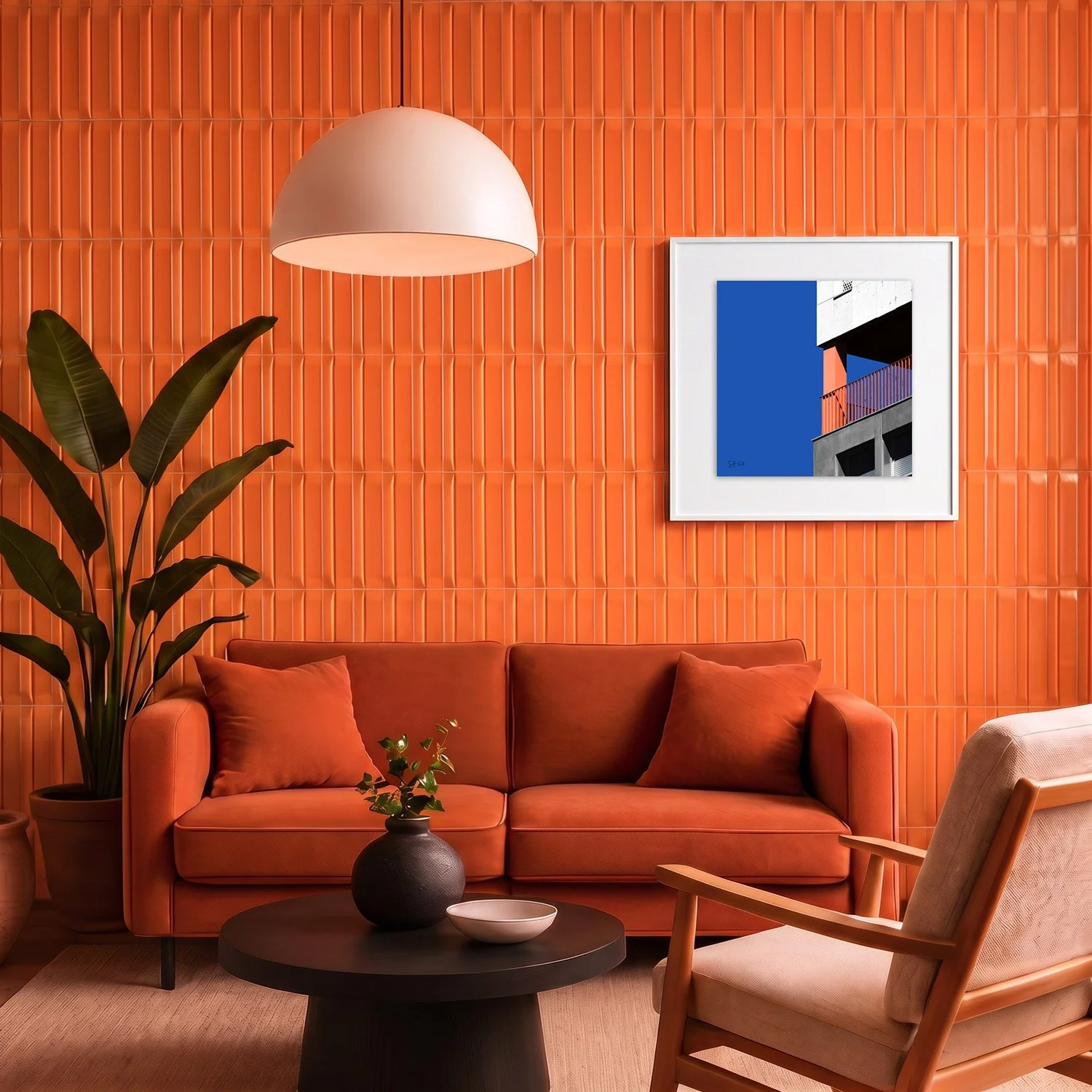 Mirador 08 framed photography print in bold orange tile and rust velvet interior