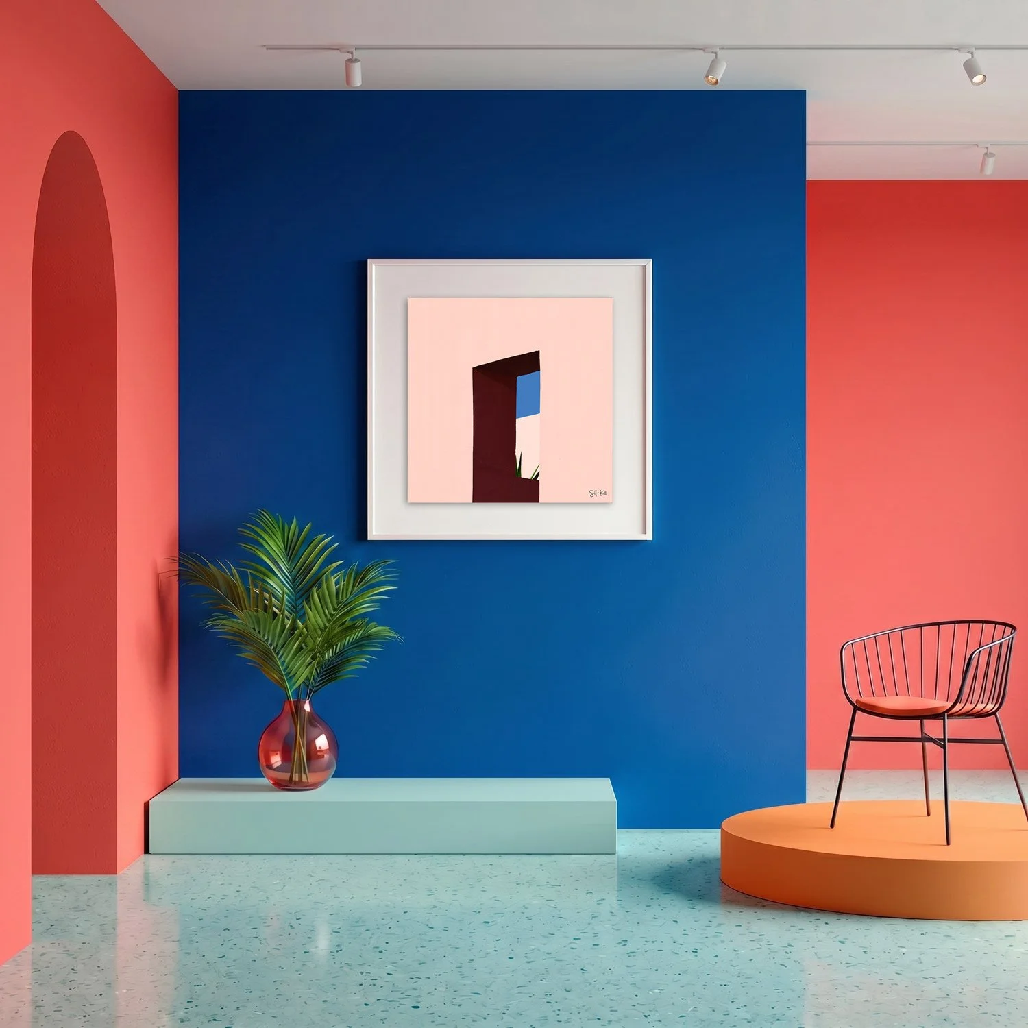 Muralla Roja 28 framed photography print in bold cobalt blue and coral gallery interior