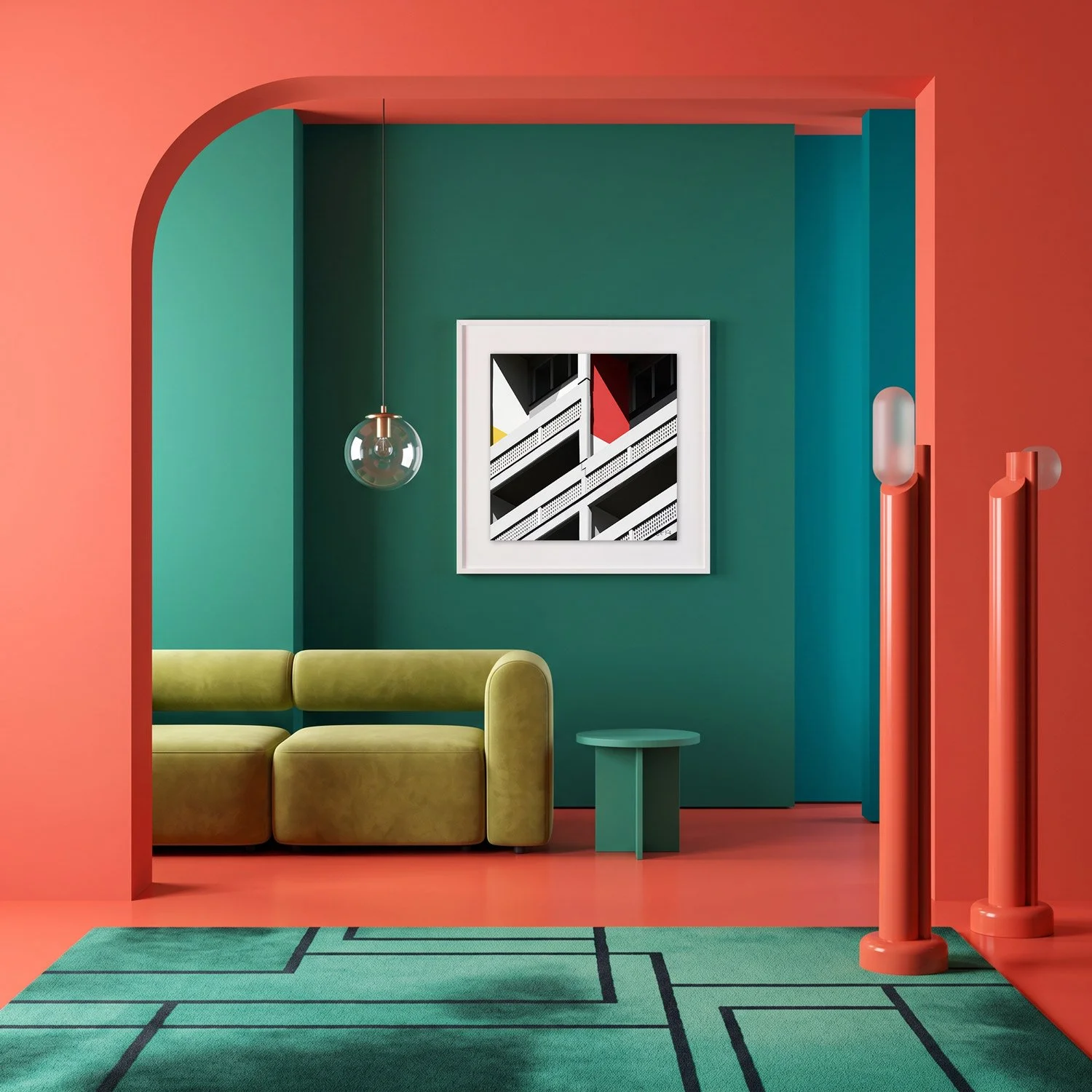 Corbusierhaus Berlin 12 framed photography print in coral and deep teal maximalist interior
