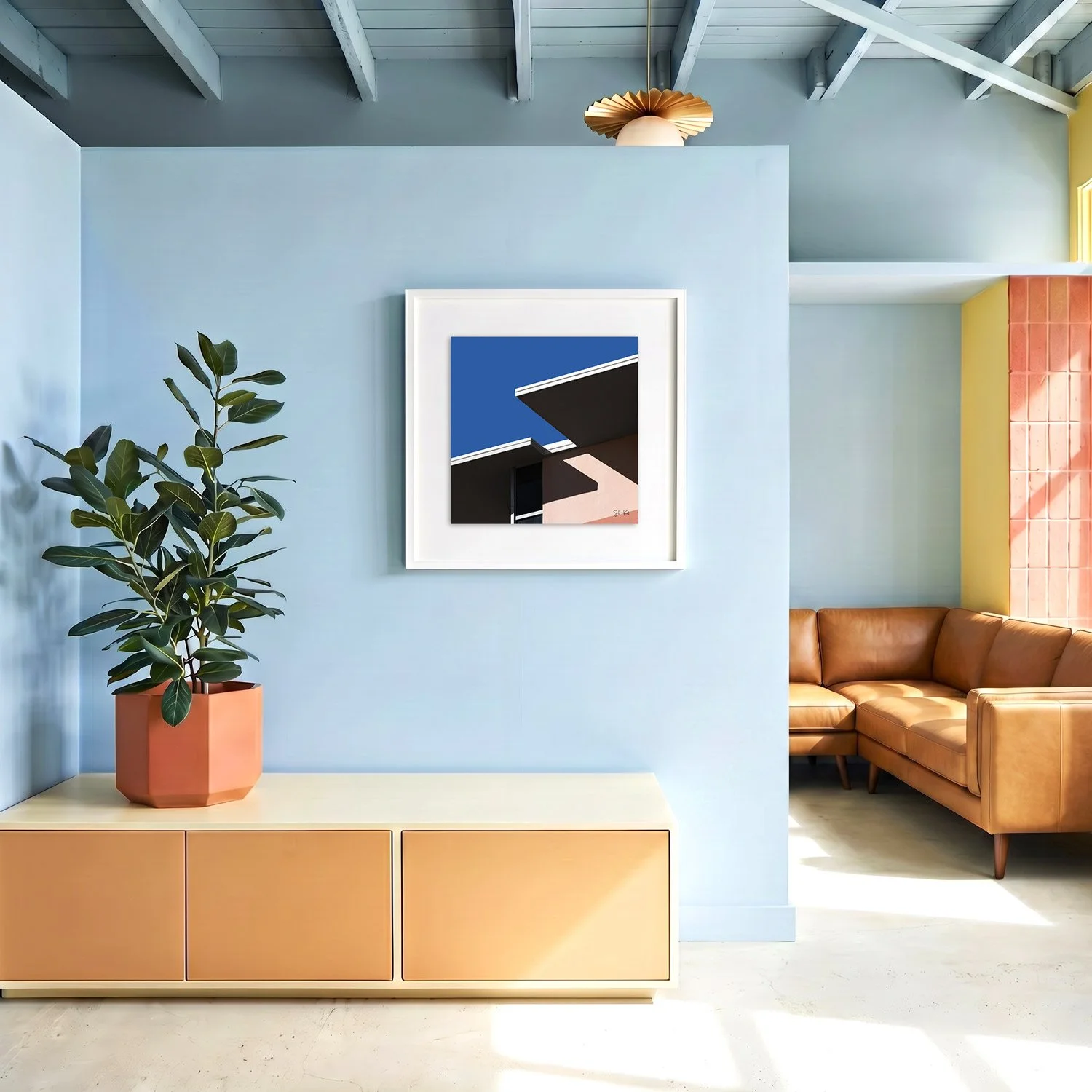 Miami Beach 03 framed photography print in sky blue and caramel coastal interior