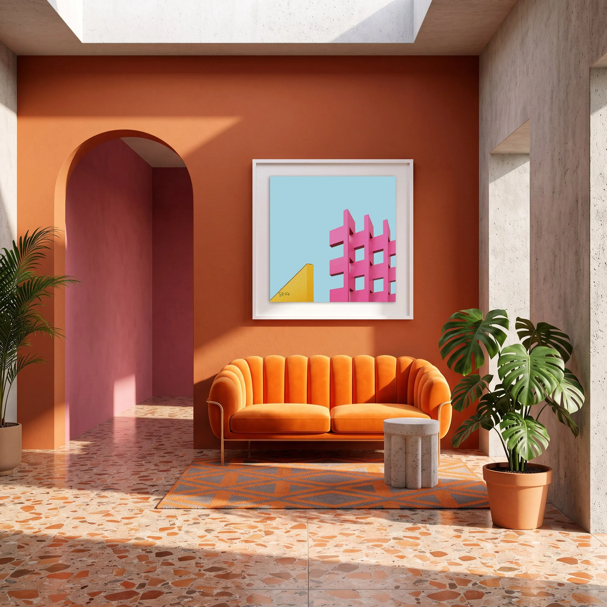 Camino Real Hotel 01 framed photography print in terracotta and orange mediterranean living room