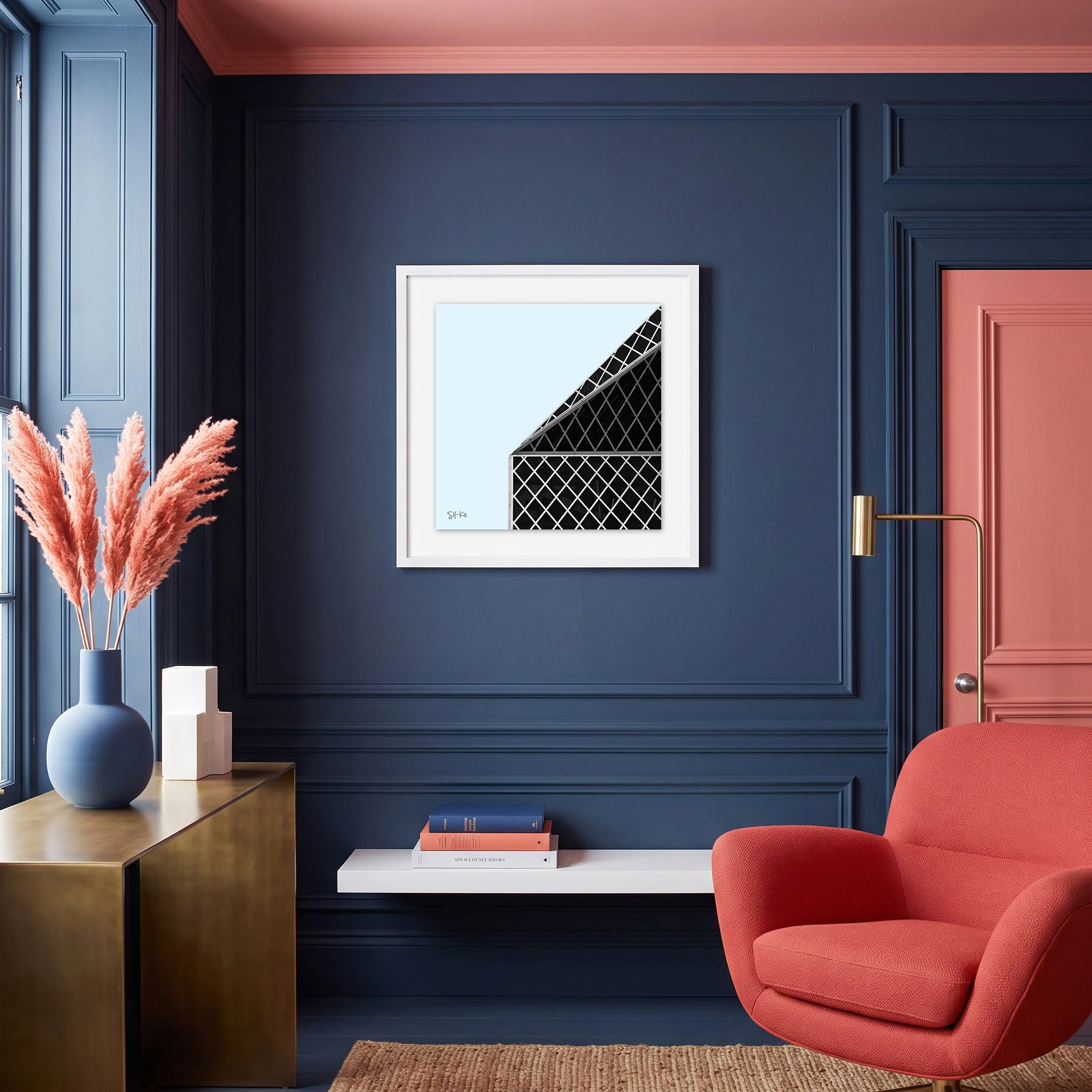 Seattle Public Library 01 framed photography print in navy and coral contemporary classic interior
