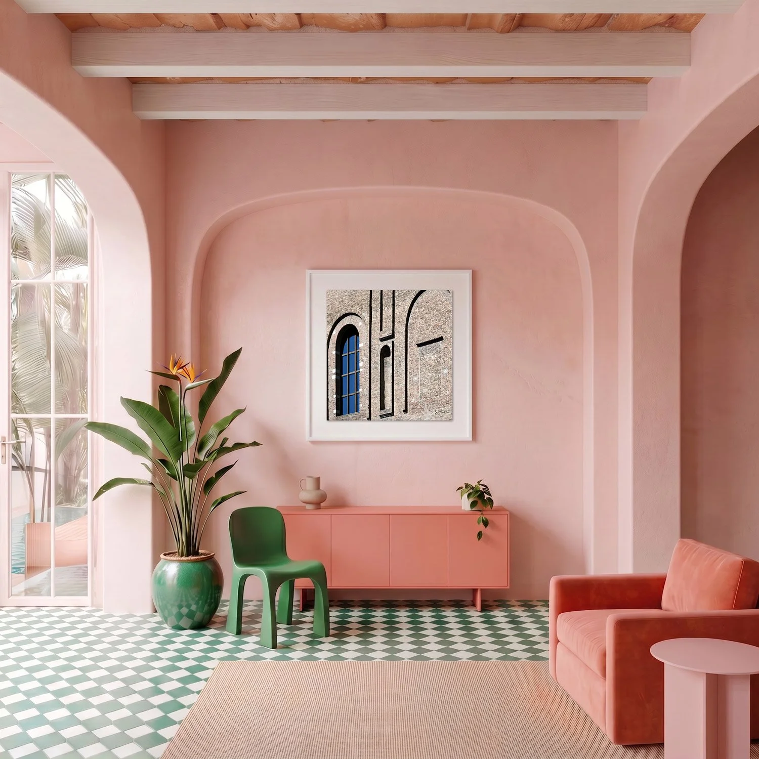 Venice 21 framed photography print in blush pink plaster and coral Mediterranean interior