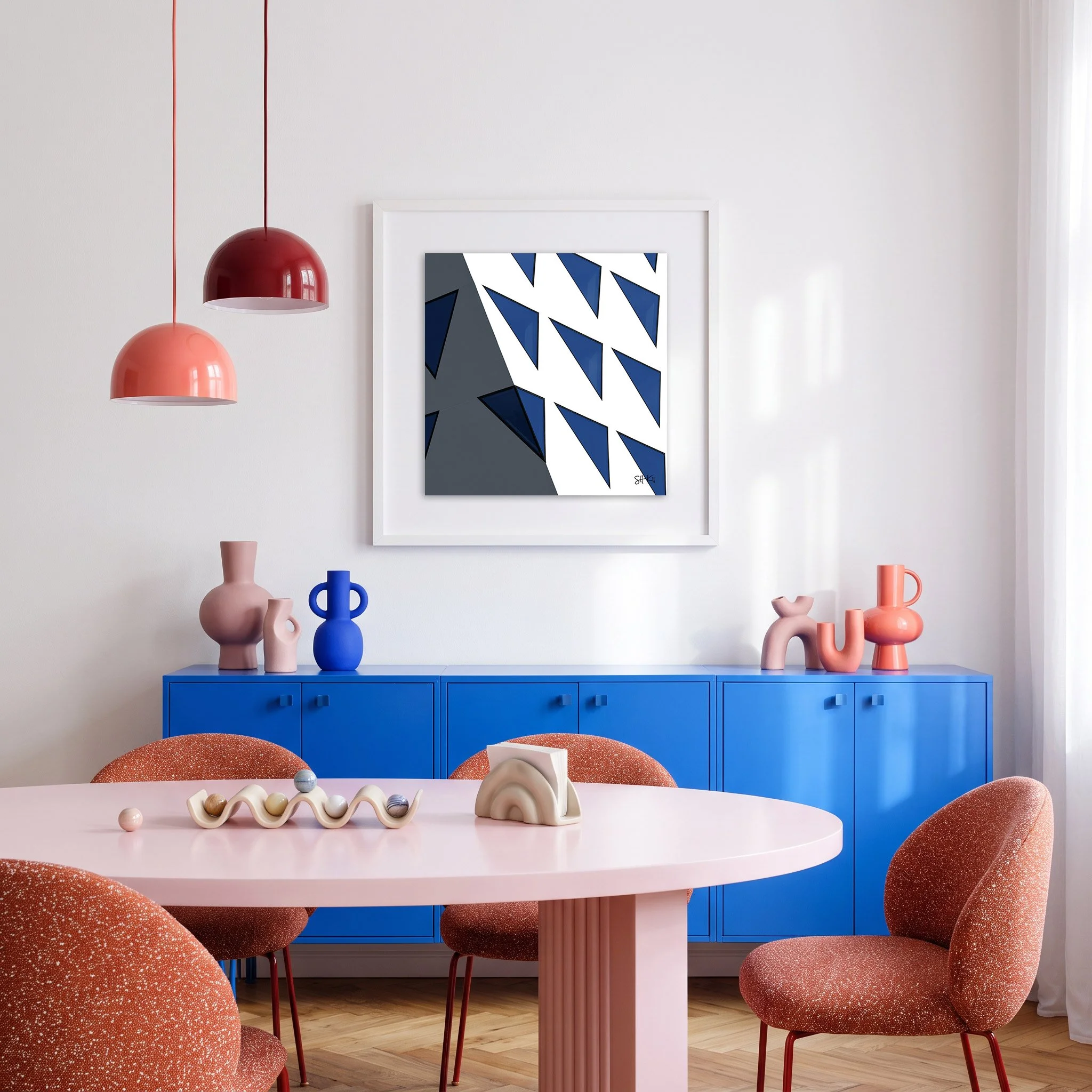 Provinciehuis 06 framed photography print in cobalt blue and coral playful modern dining room