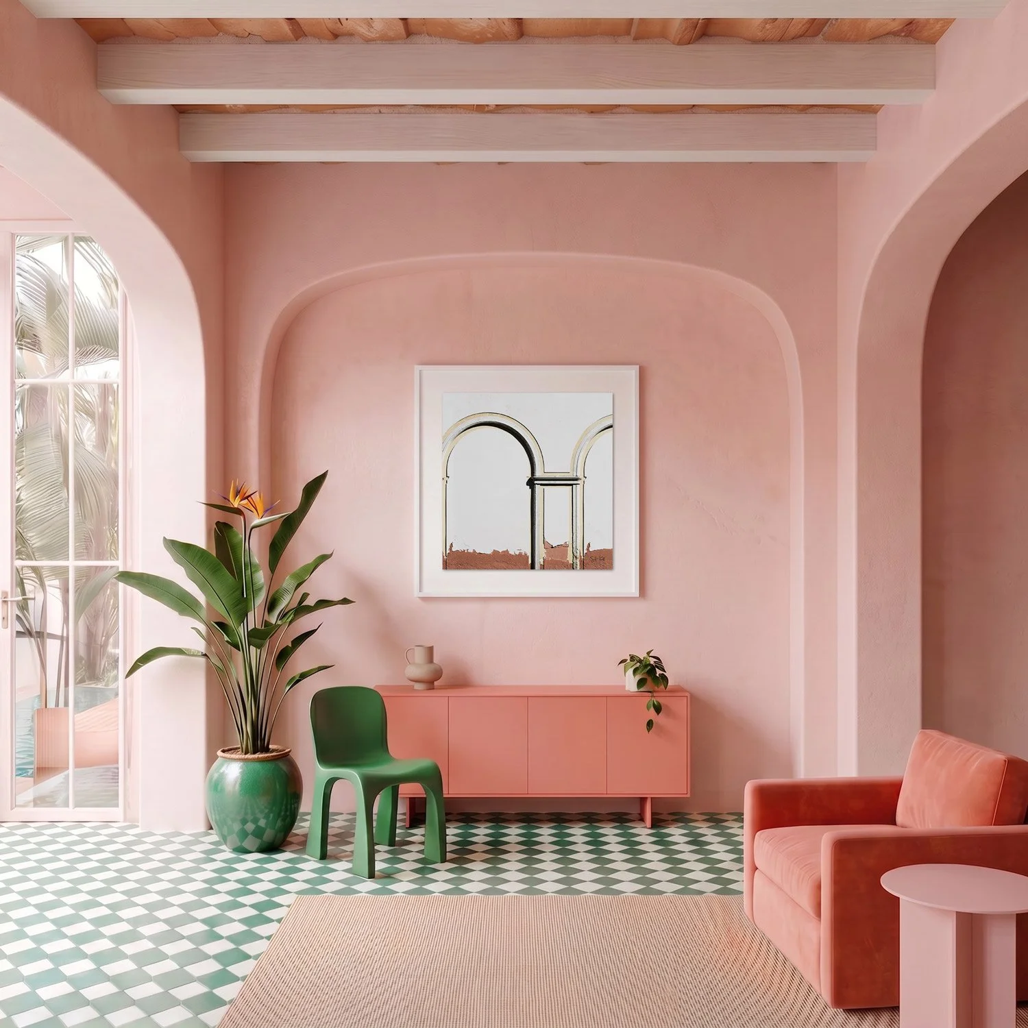 Venice 16 framed photography print in blush pink plaster and coral Mediterranean interior