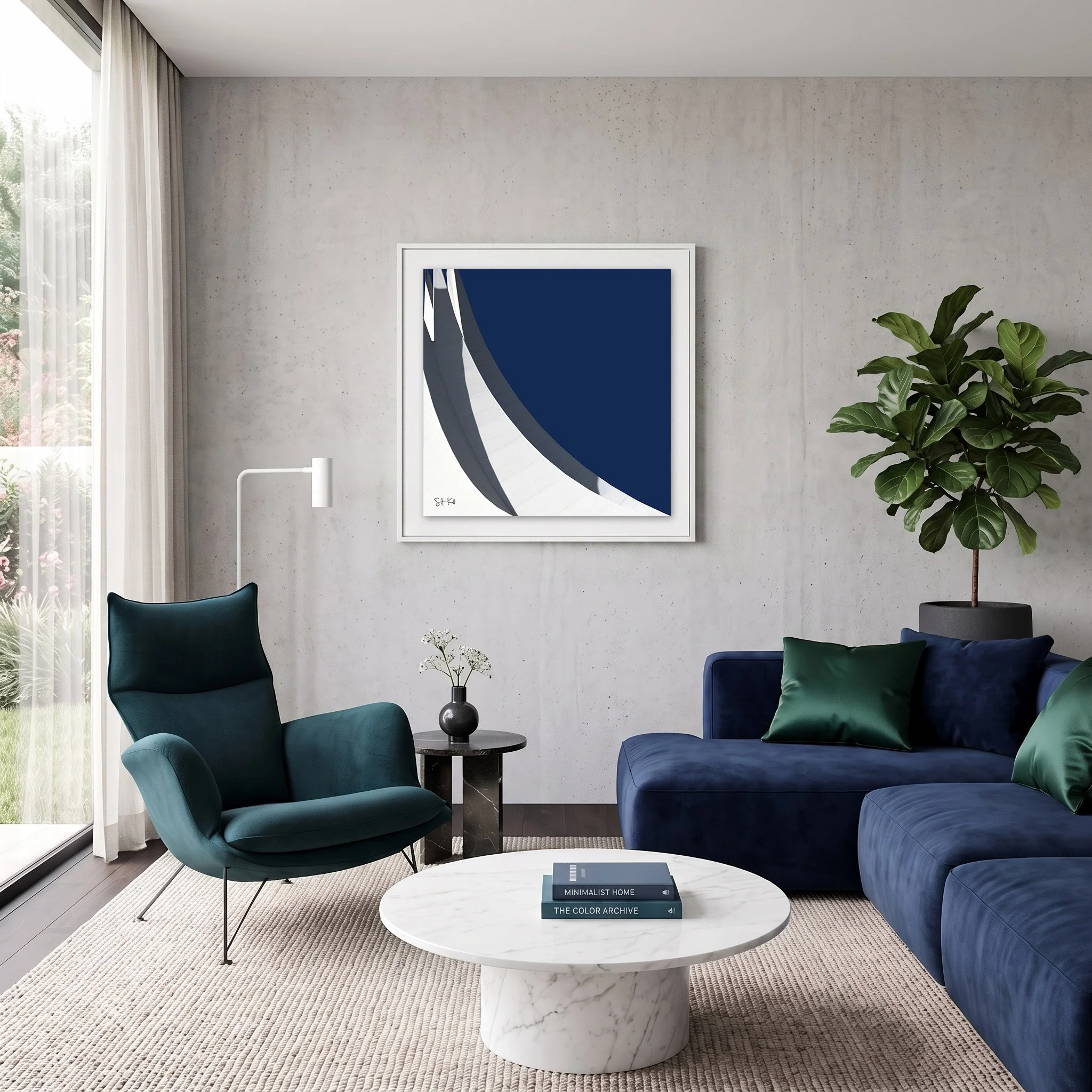 Tempodrom 04 framed photography print in slate blue and burnt orange mid-century living room