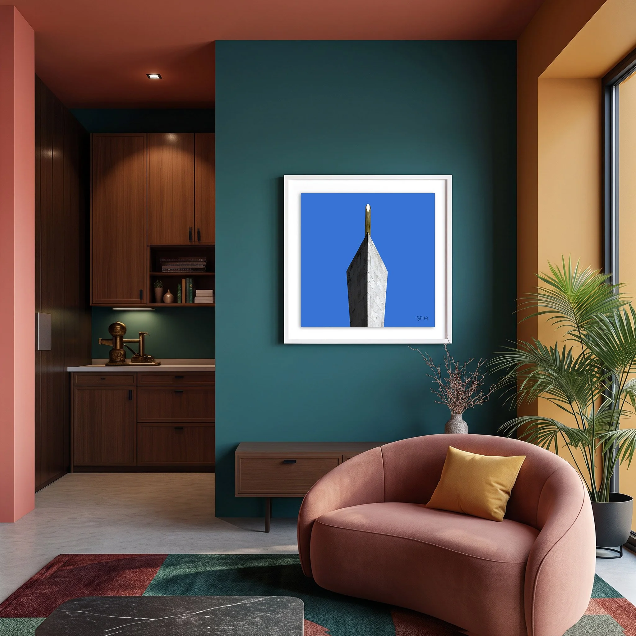 Puerta de Europa 05 framed photography print in teal and terracotta mid-century modern living room