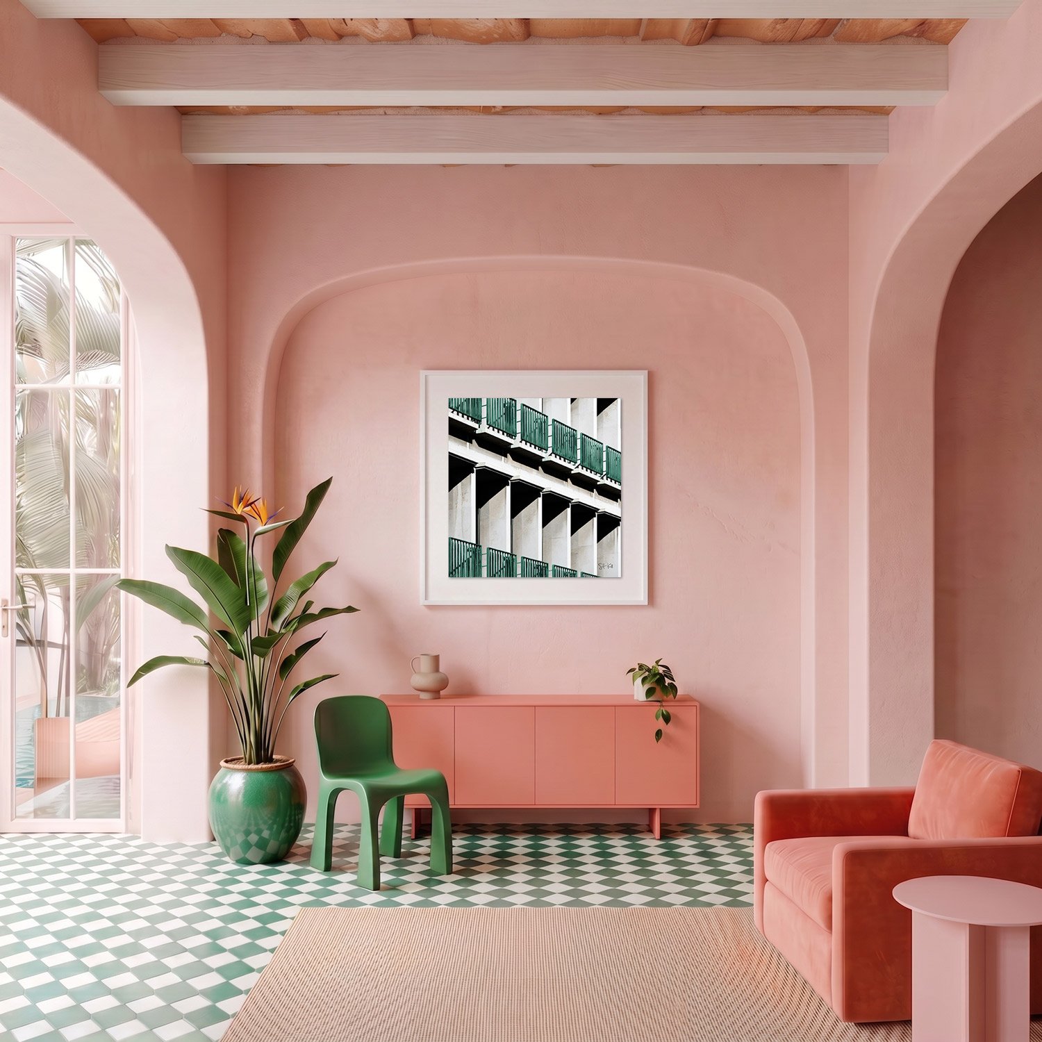 Venice 19 framed photography print in blush pink plaster and coral Mediterranean interior