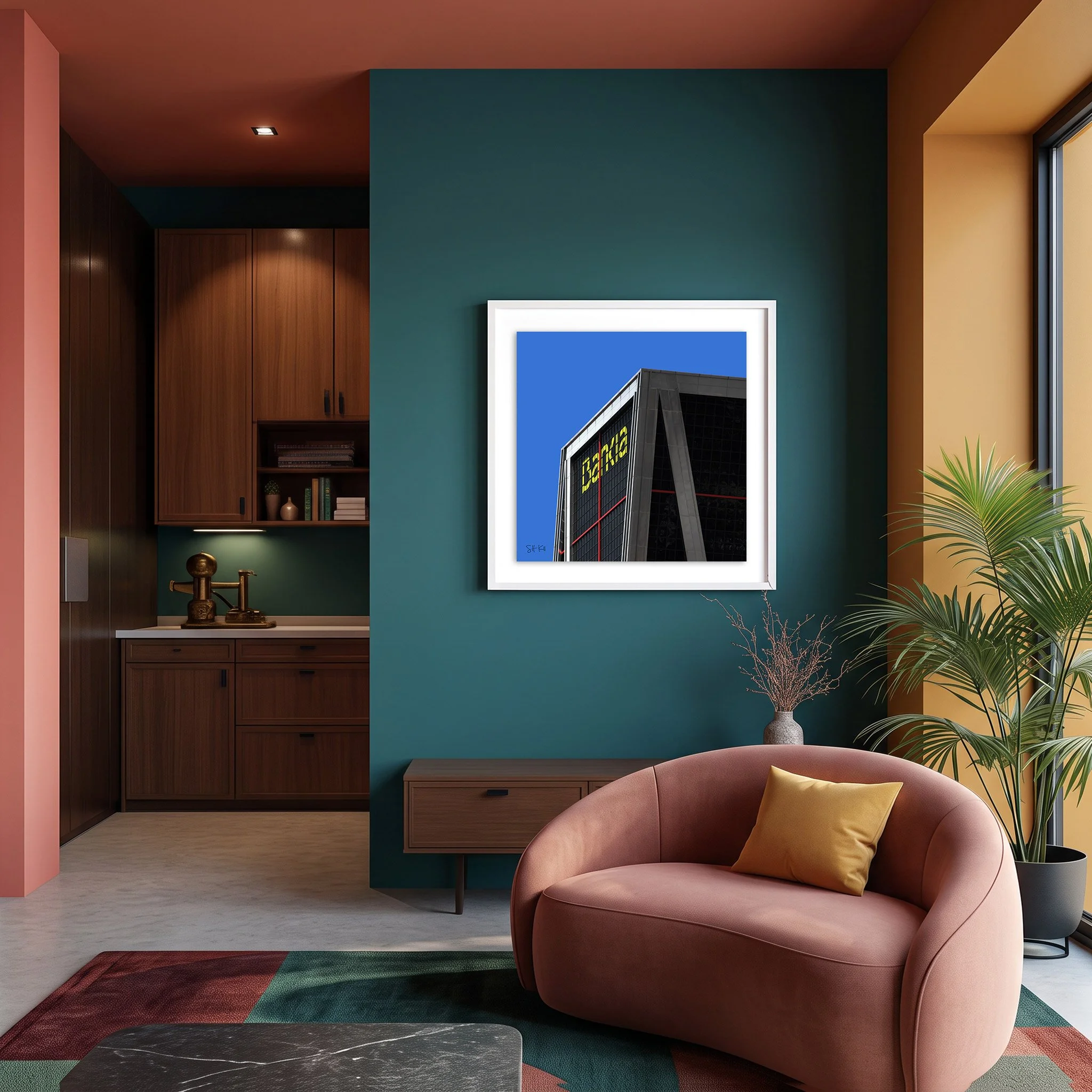 Puerta de Europa 04 framed photography print in teal and terracotta mid-century modern living room