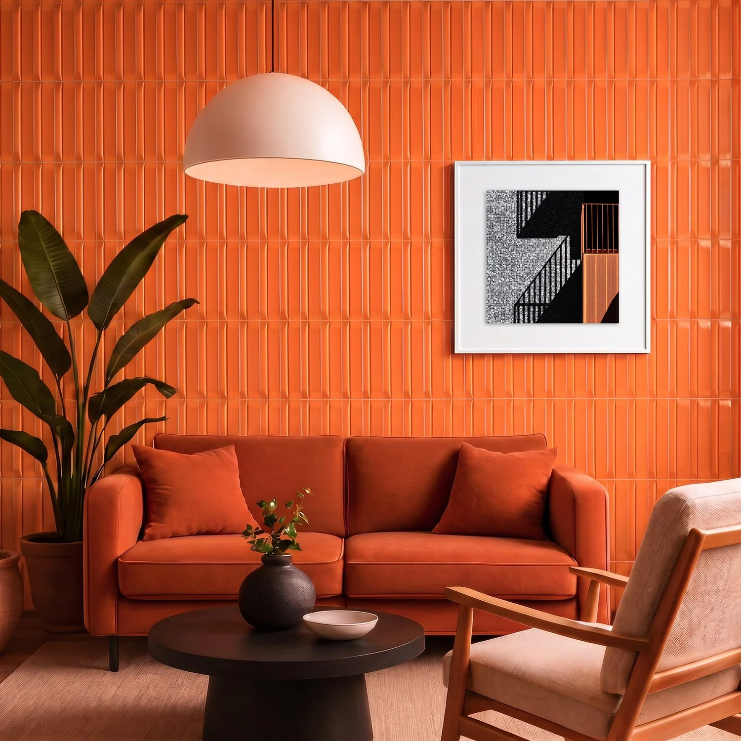Mirador 09 framed photography print in bold orange tile and rust velvet interior