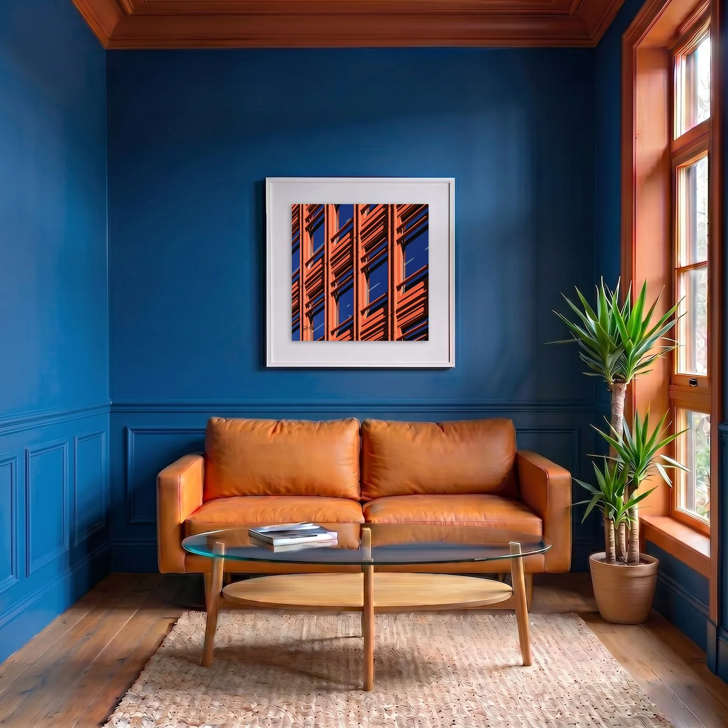 Central Saint Giles 11 framed photography print in deep blue and terracotta classic interior