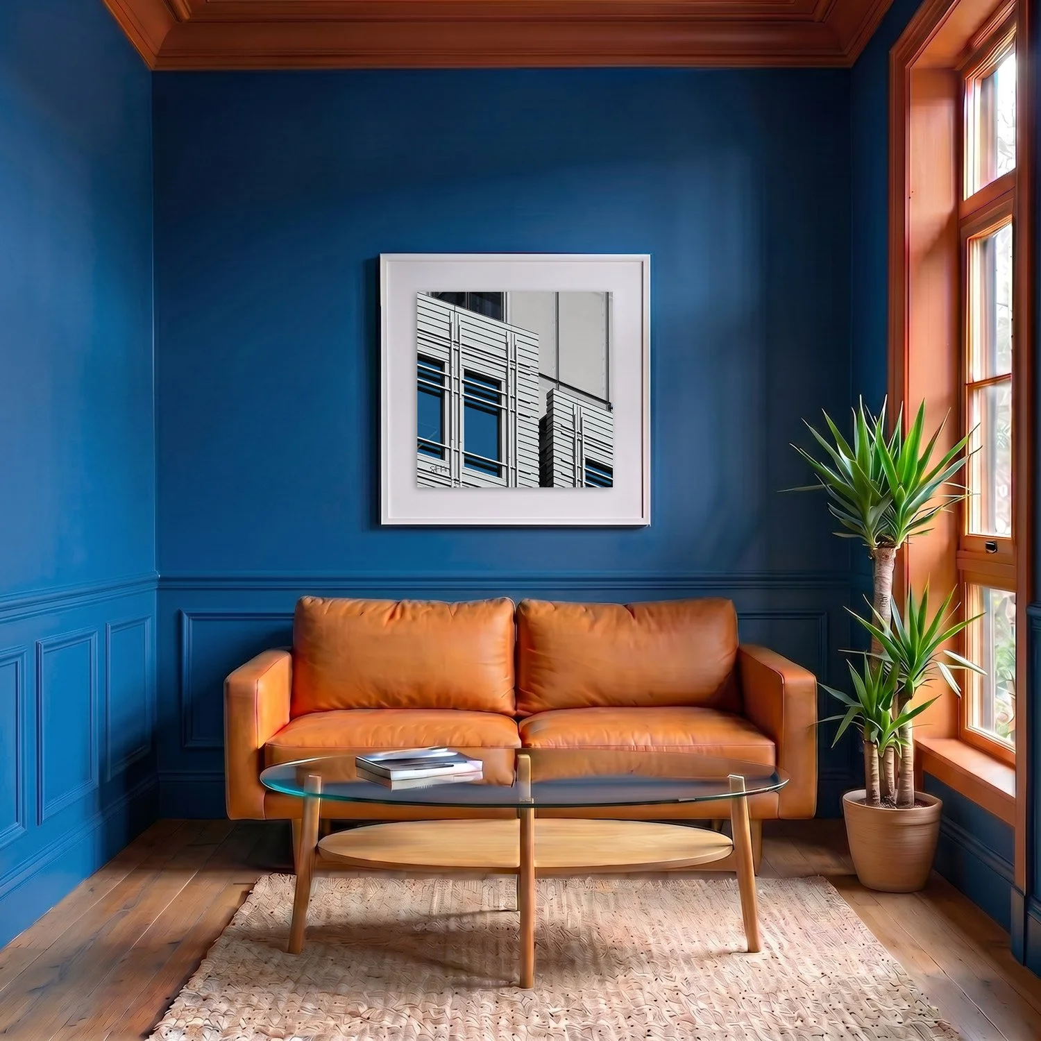 Central Saint Giles 03 framed photography print in deep blue and terracotta classic interior