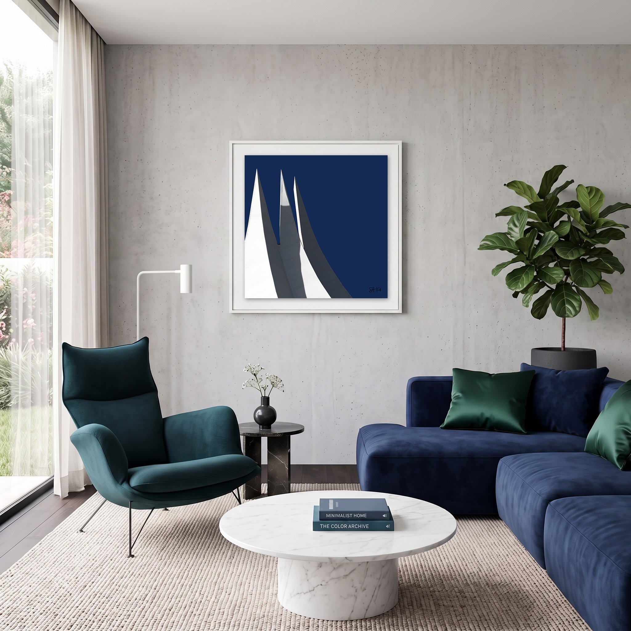 Tempodrom 06 framed photography print in slate blue and burnt orange mid-century living room