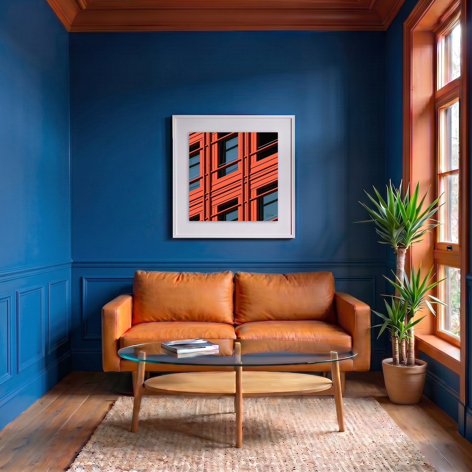 Central Saint Giles 15 framed photography print in deep blue and terracotta classic interior
