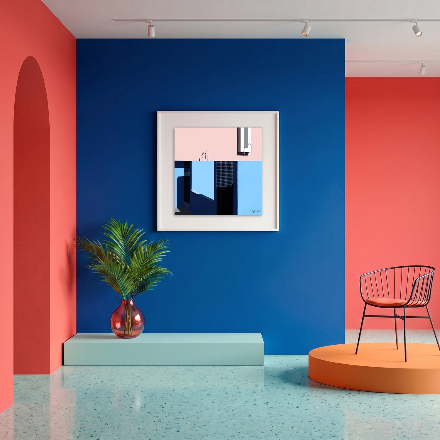 Muralla Roja 21 framed photography print in bold cobalt blue and coral gallery interior
