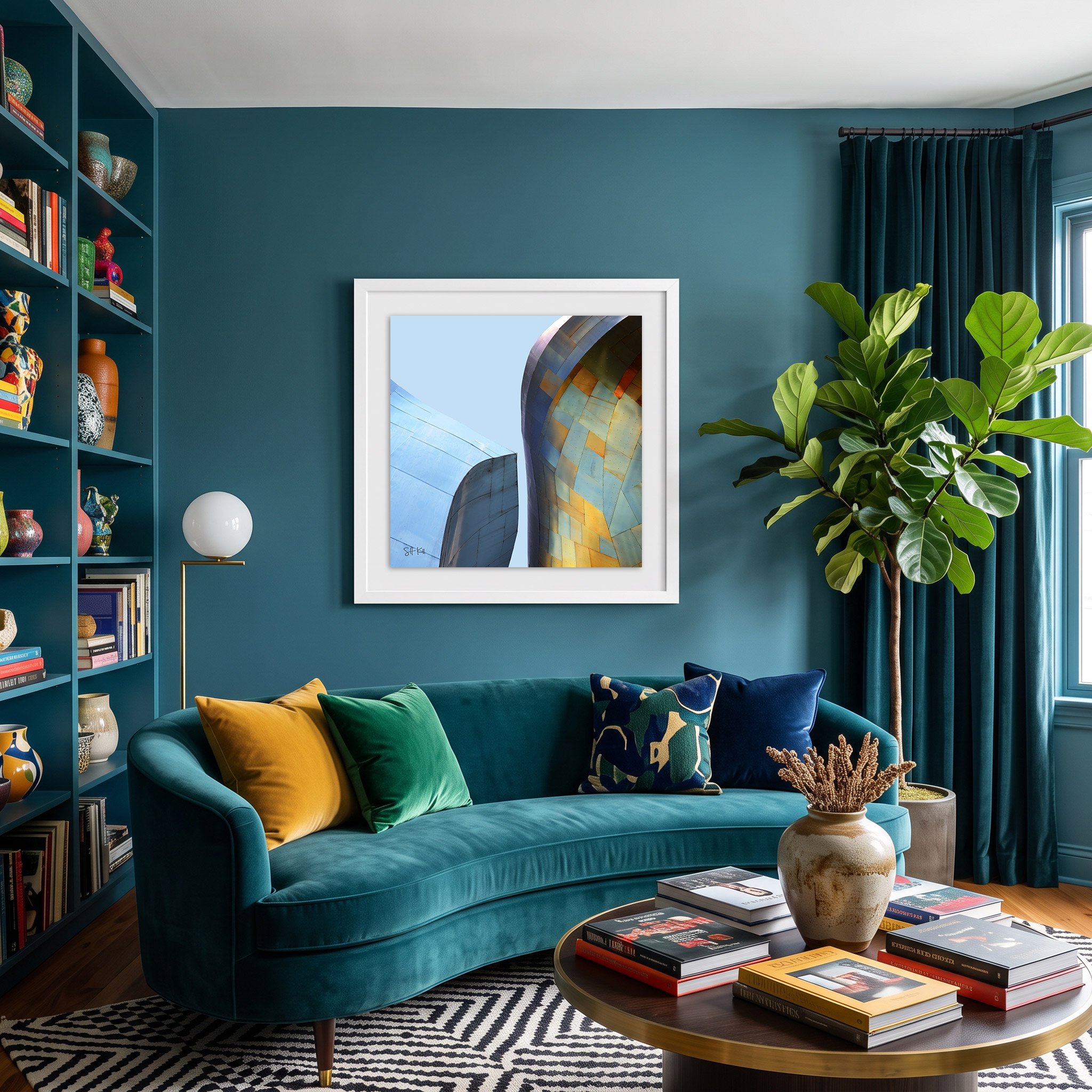 Seattle POP 01 framed photography print in teal and mustard eclectic living room