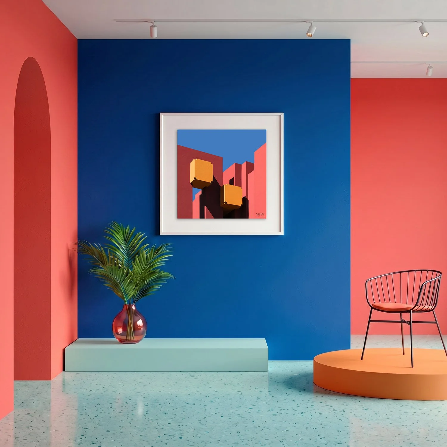 Muralla Roja 19 framed photography print in bold cobalt blue and coral gallery interior