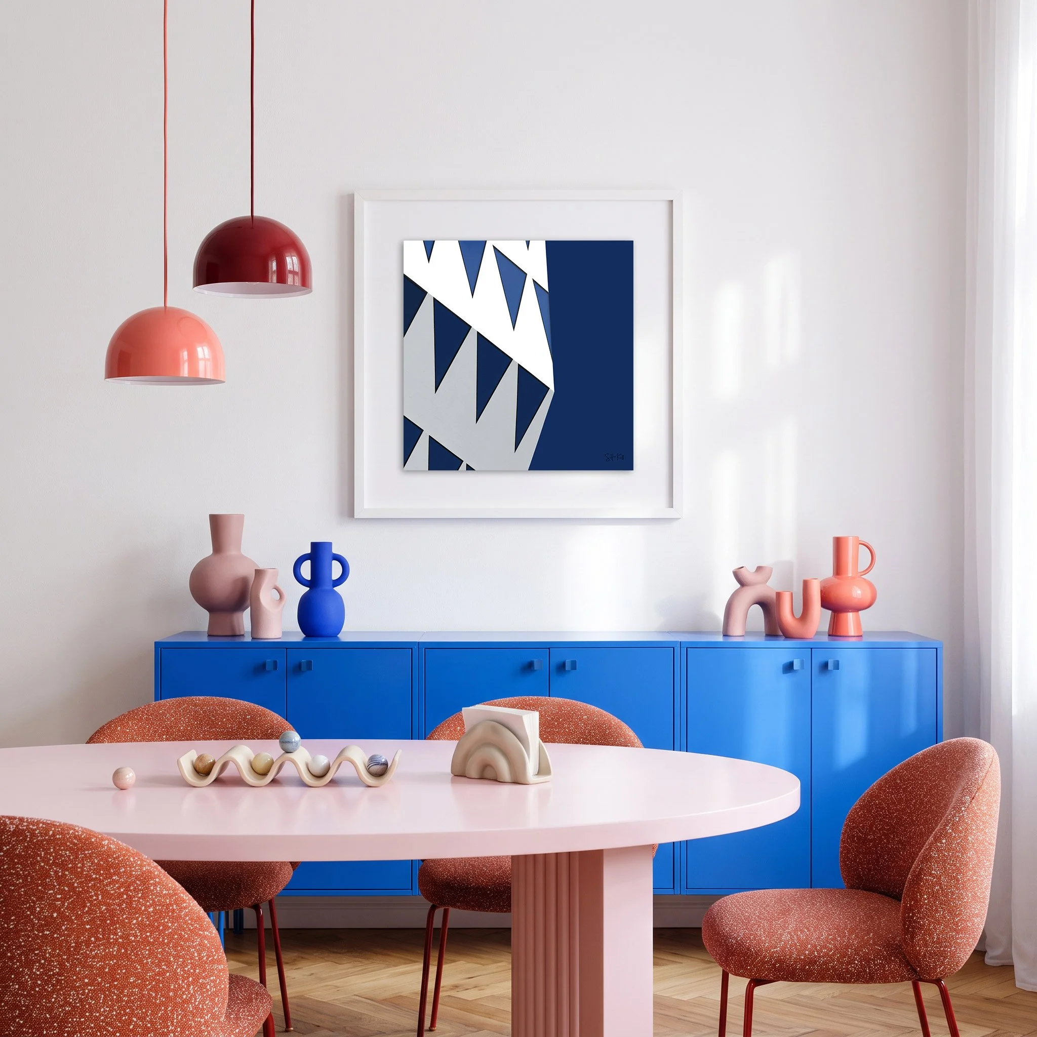 Provinciehuis 07 framed photography print in cobalt blue and coral playful modern dining room