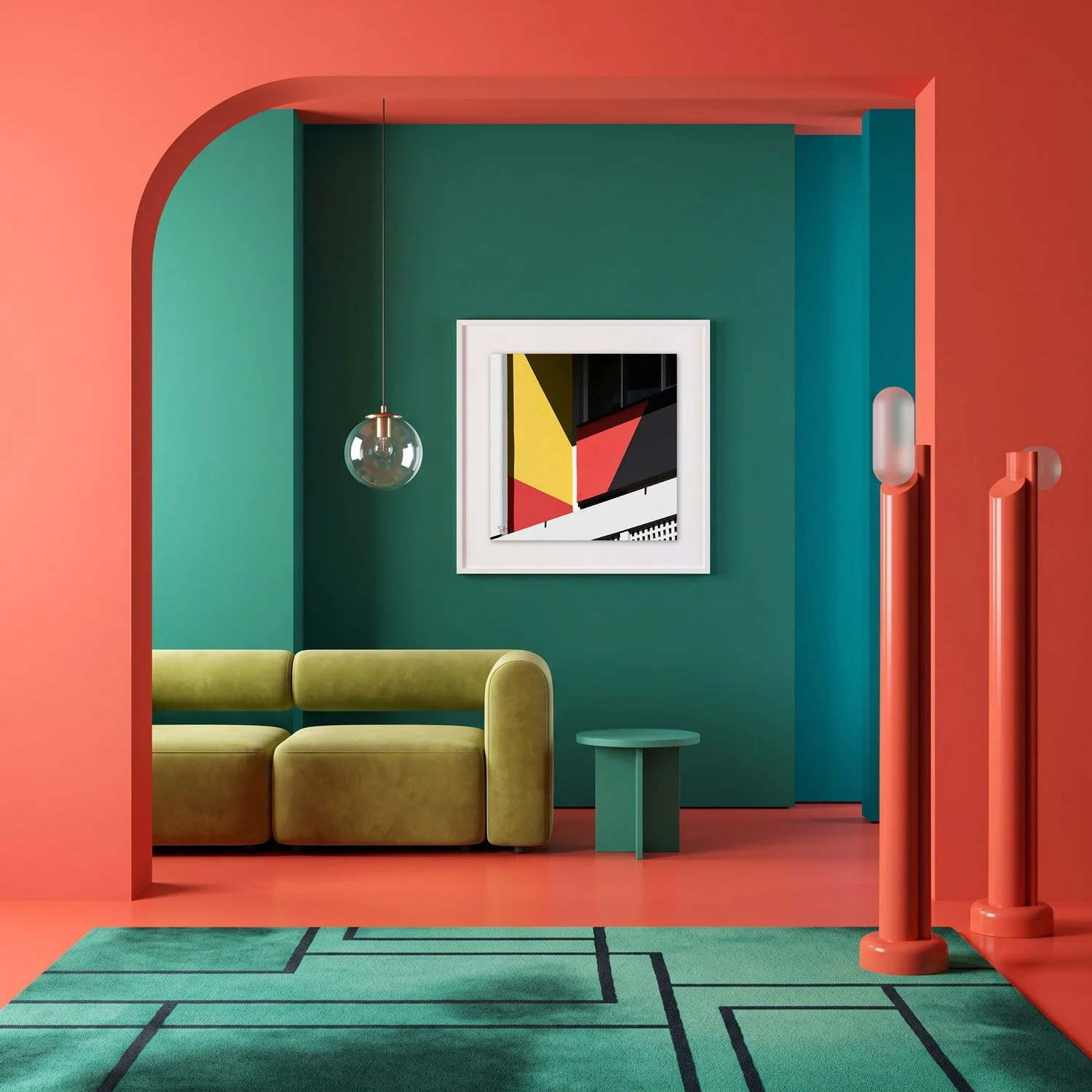 Corbusierhaus Berlin 06 framed photography print in coral and deep teal maximalist interior