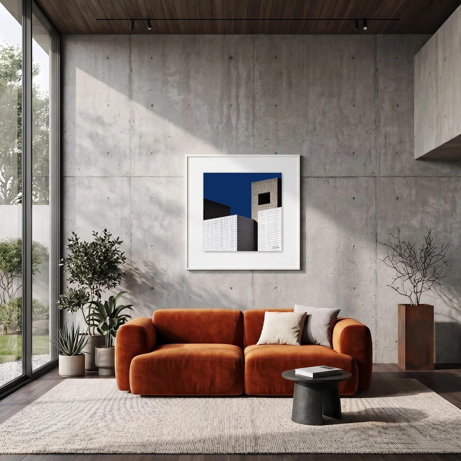 Barbican Centre 07 framed photography print in raw concrete and rust modern interior