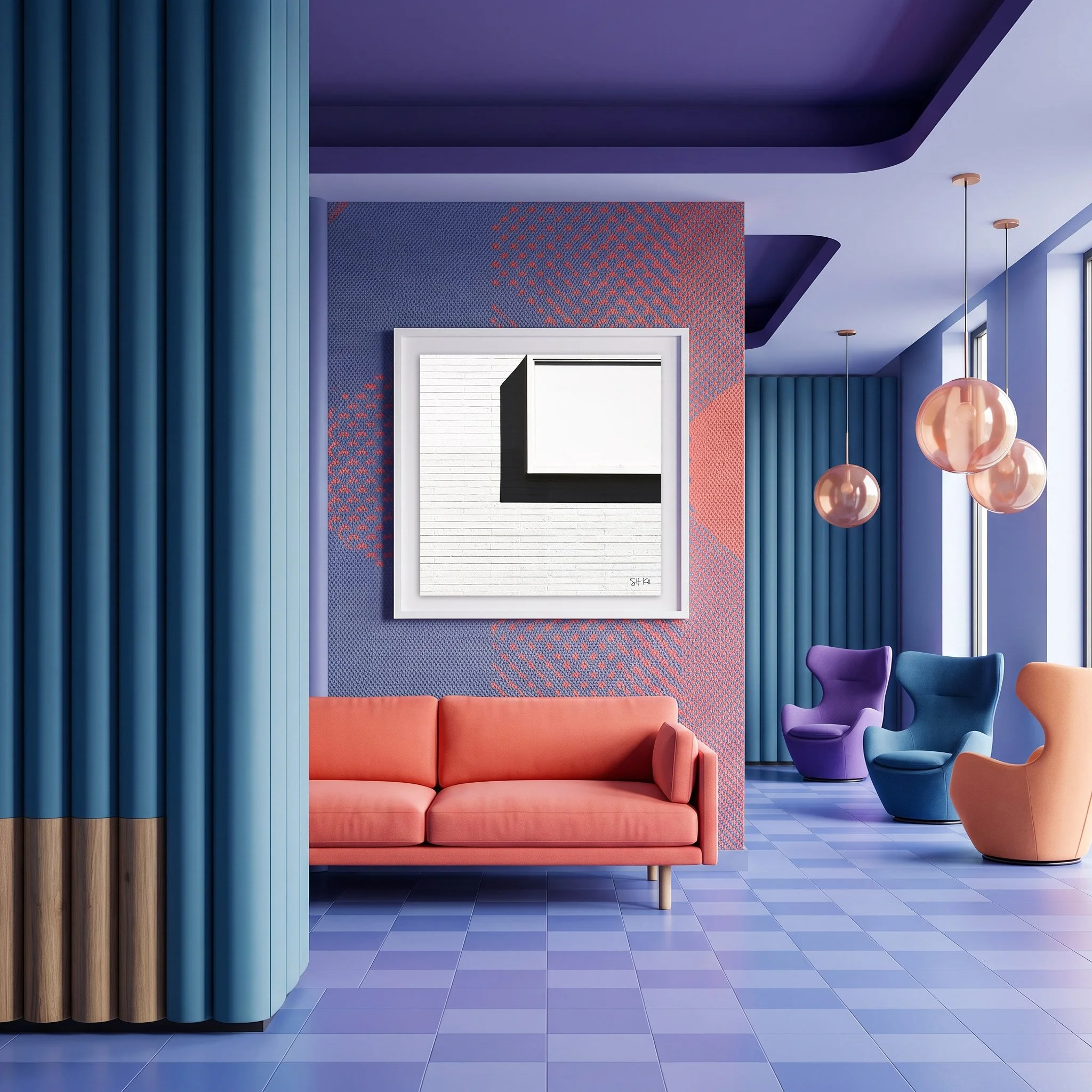 Melrose 02 framed photography print in violet coral and teal bold maximalist lounge