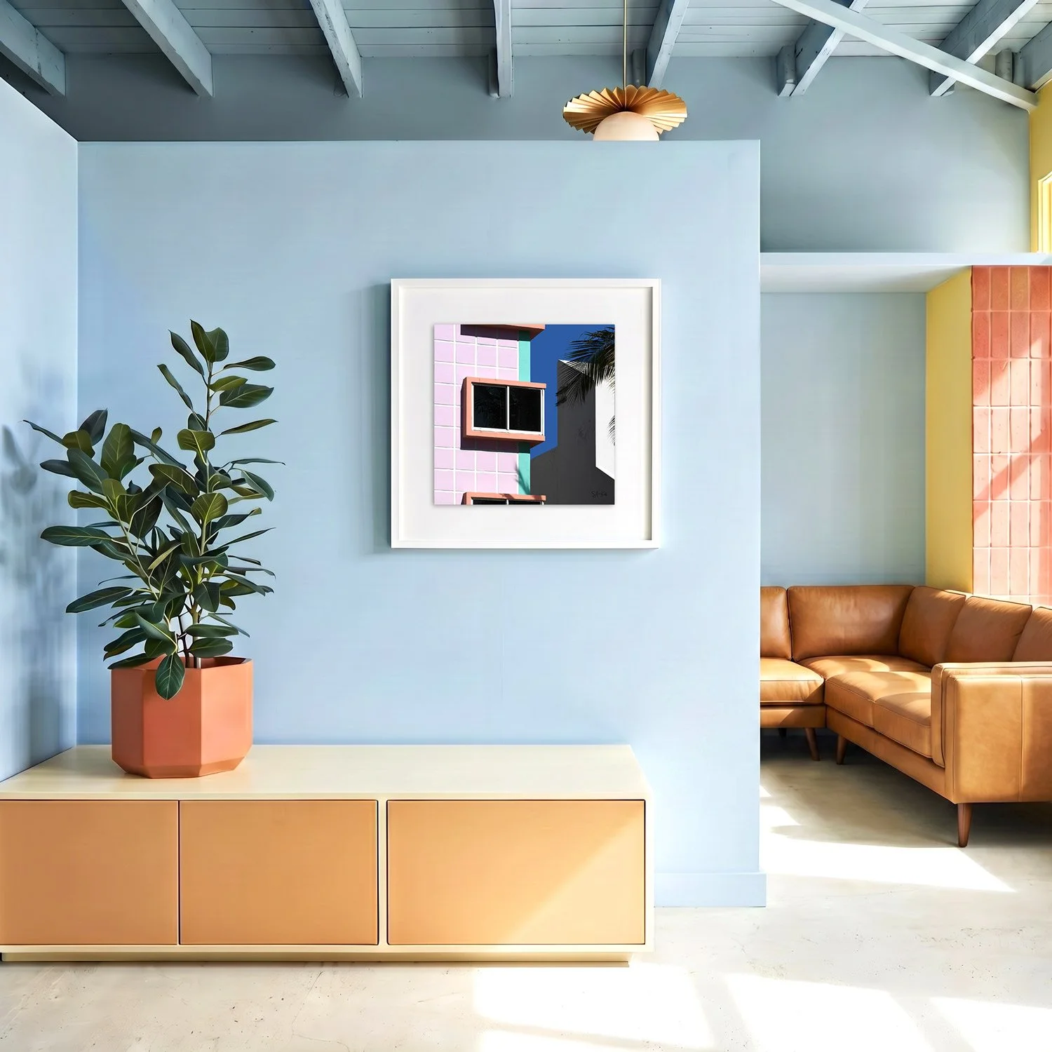 Miami Beach 09 framed photography print in sky blue and caramel coastal interior