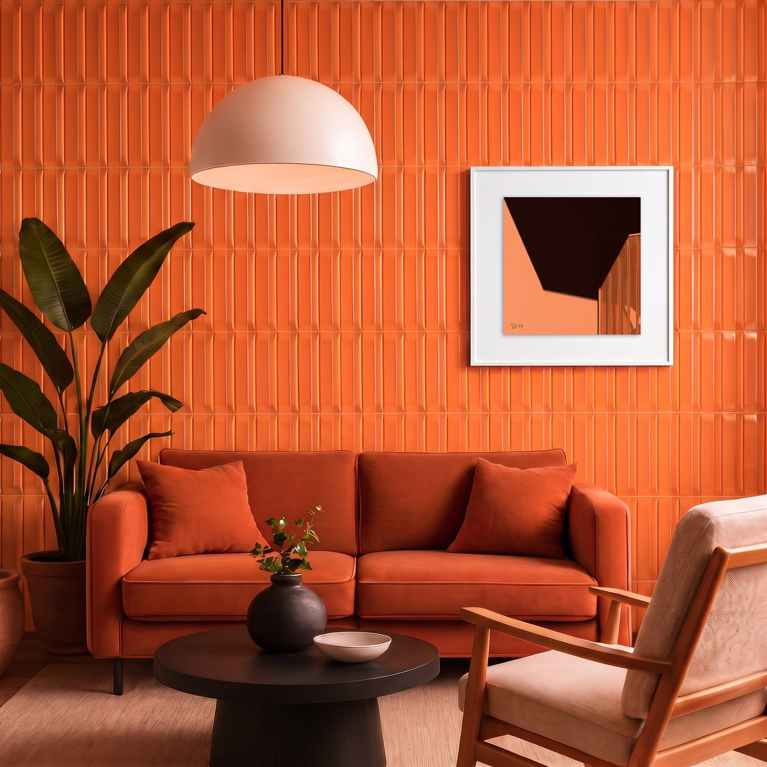 Mirador 02 framed photography print in bold orange tile and rust velvet interior