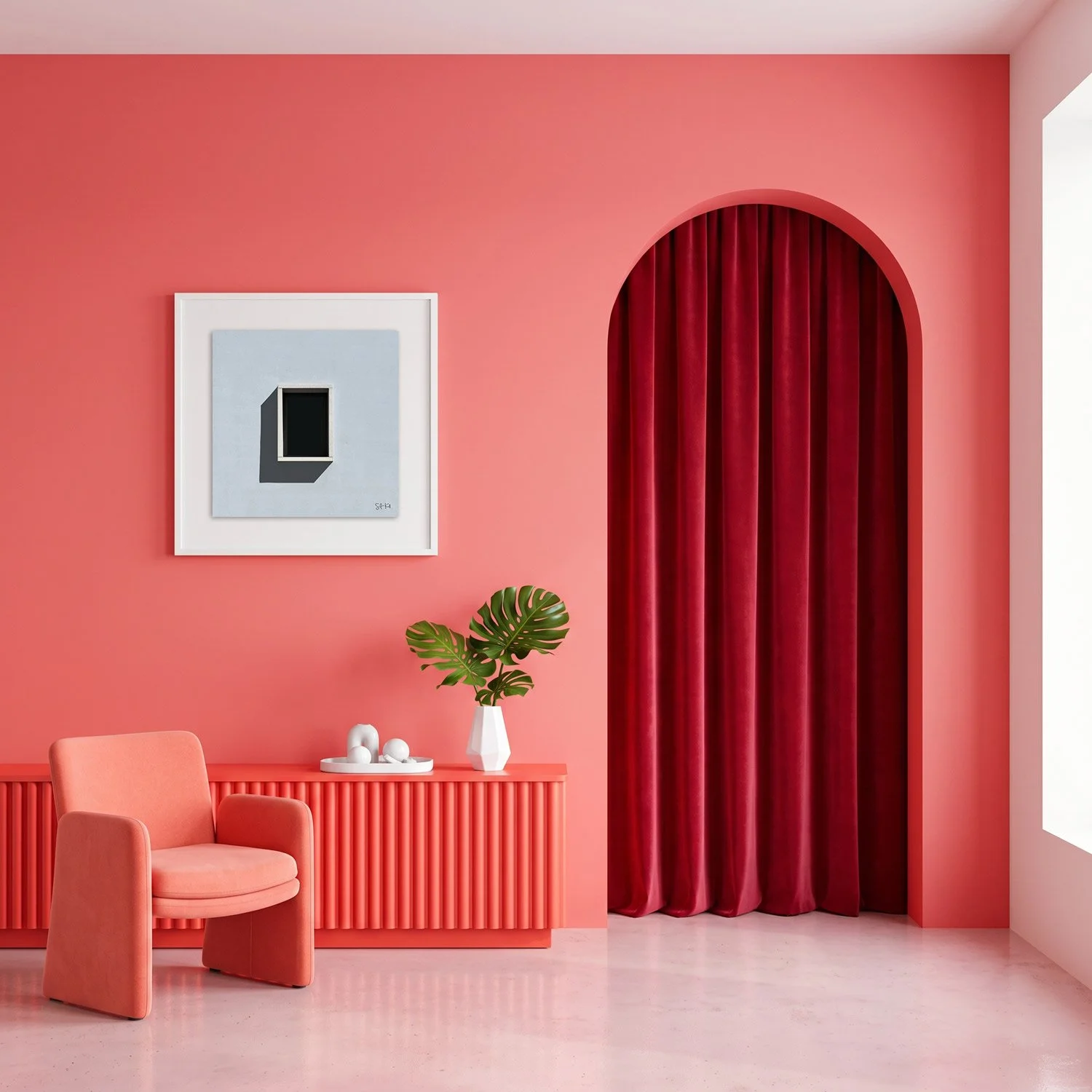 Lisbon 05 framed photography print in warm coral and crimson arched interior