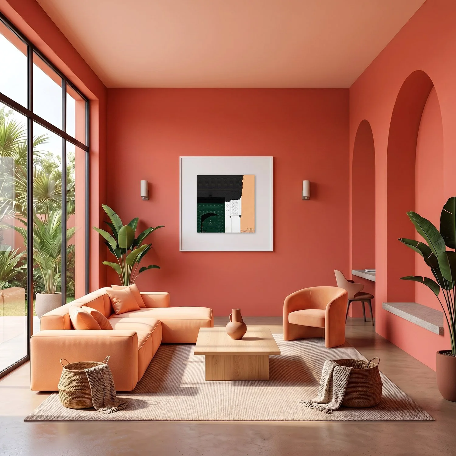 Marrakech Medina 09 framed photography print in warm terracotta and peach interior