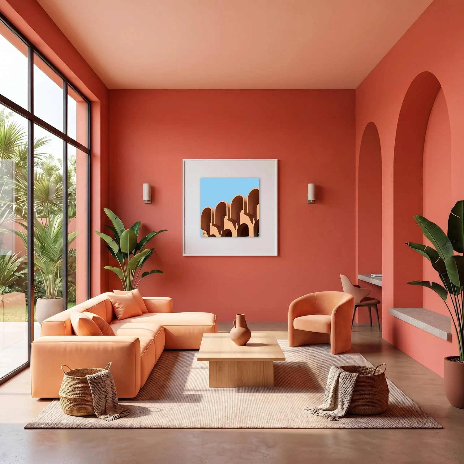 Marrakech Medina 05 framed photography print in warm terracotta and peach interior