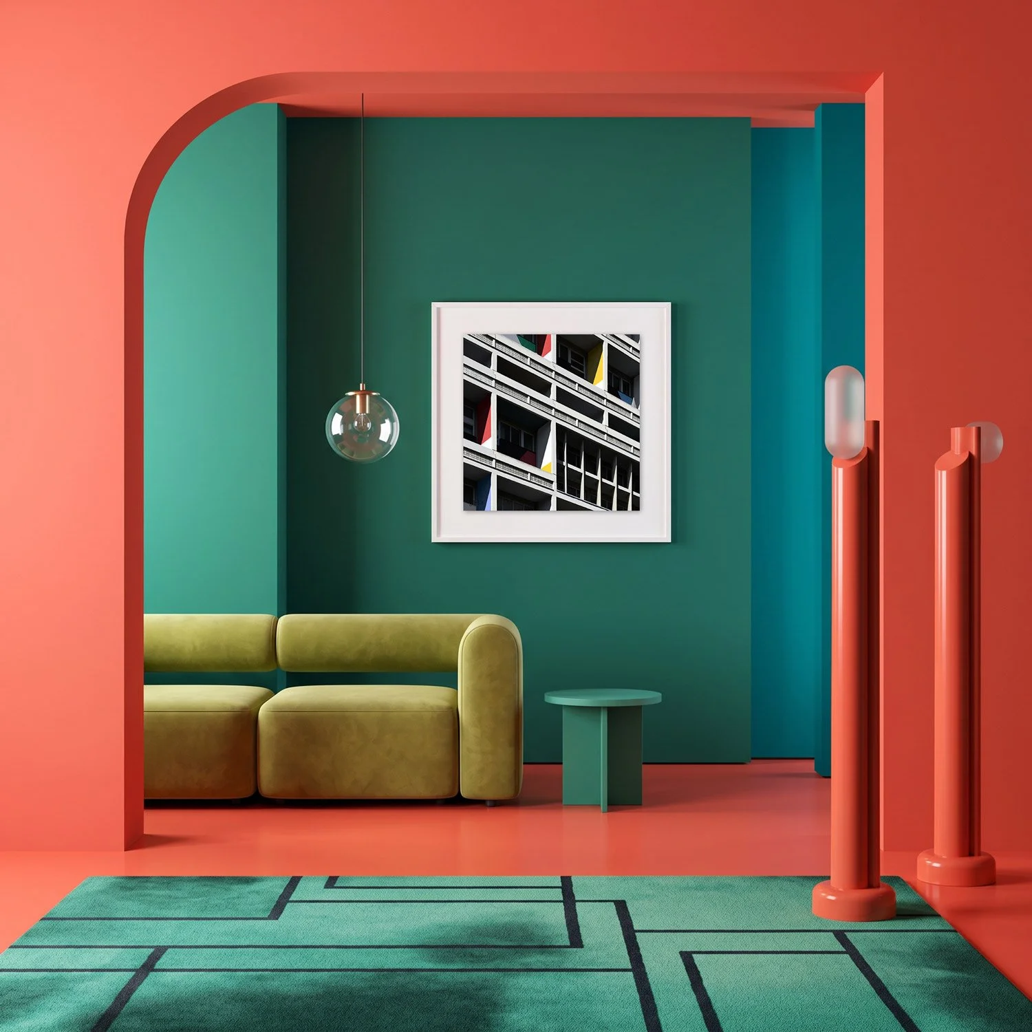 Corbusierhaus Berlin 11 framed photography print in coral and deep teal maximalist interior