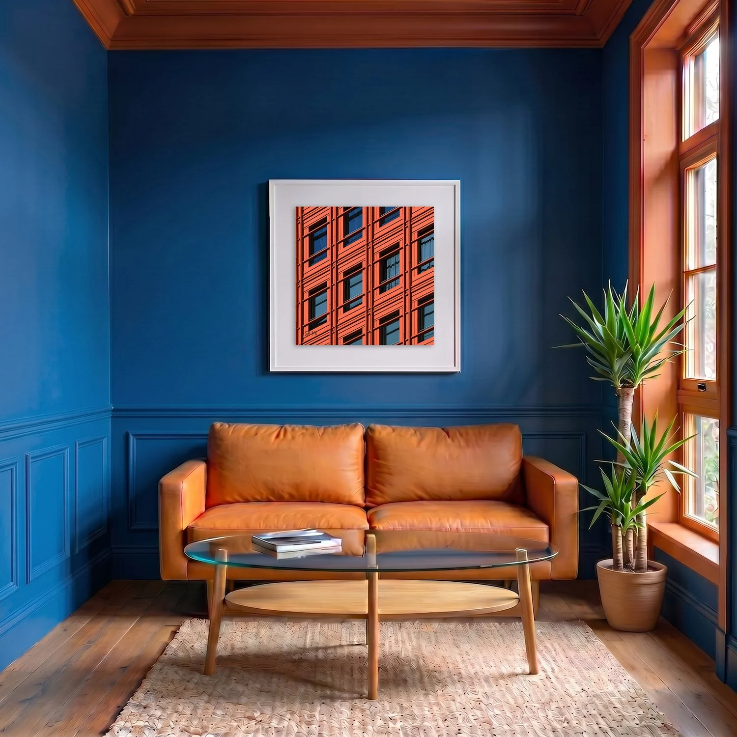 Central Saint Giles 02 framed photography print in deep blue and terracotta classic interior