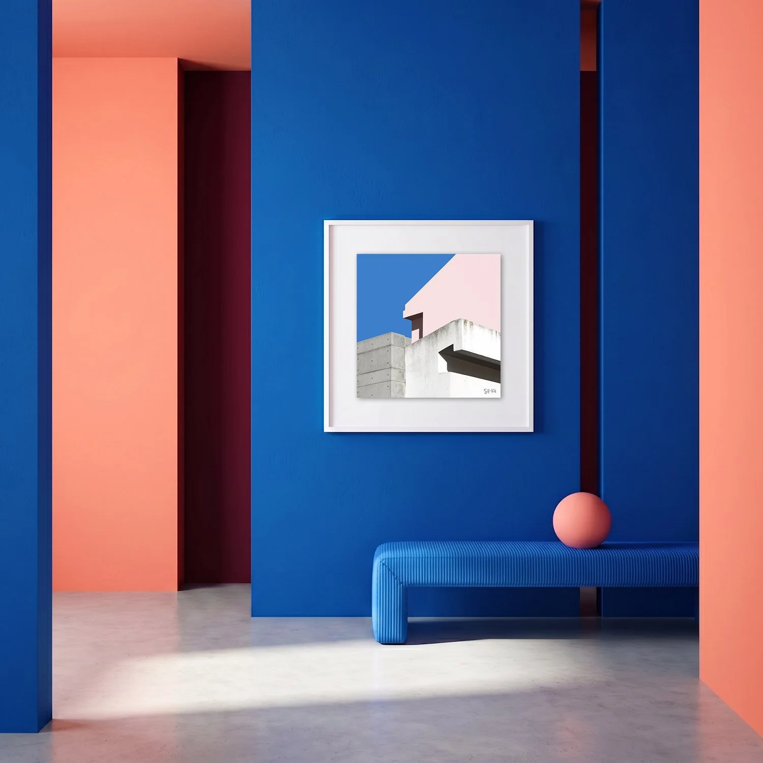 Cascais 02 framed photography print in cobalt blue and coral minimalist interior