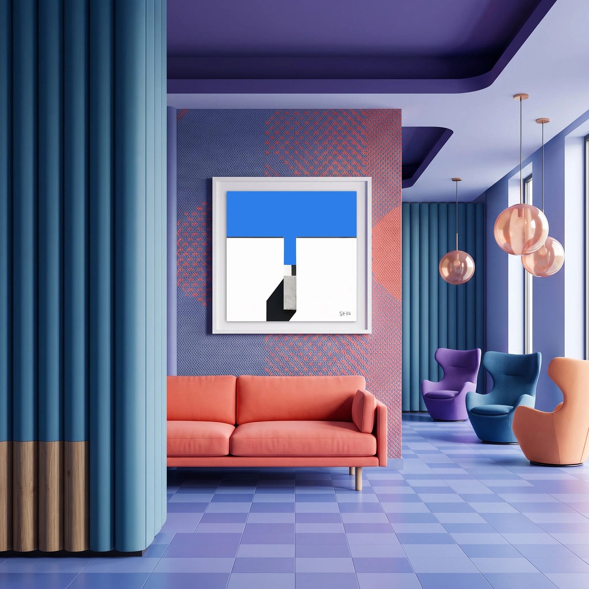 Melrose 06 framed photography print in violet coral and teal bold maximalist lounge