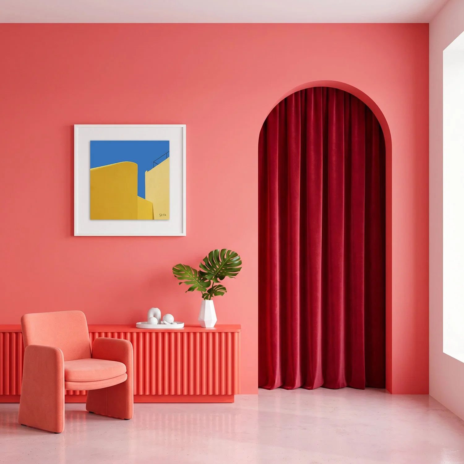 Lisbon 01 framed photography print in warm coral and crimson arched interior