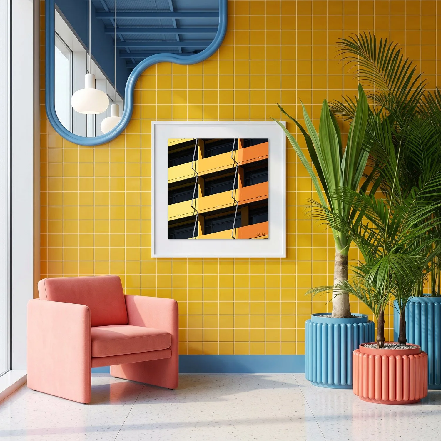 Puerta América 05 framed photography print in vivid yellow, coral, and blue maximalist interior