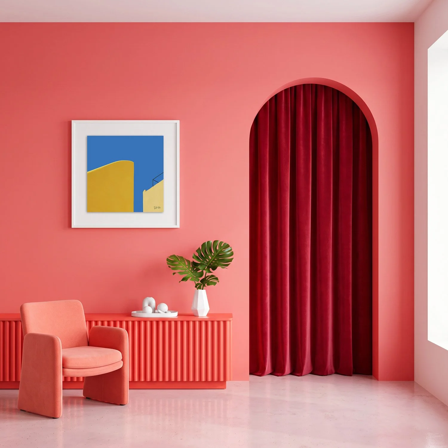 Lisbon 09 framed photography print in warm coral and crimson arched interior