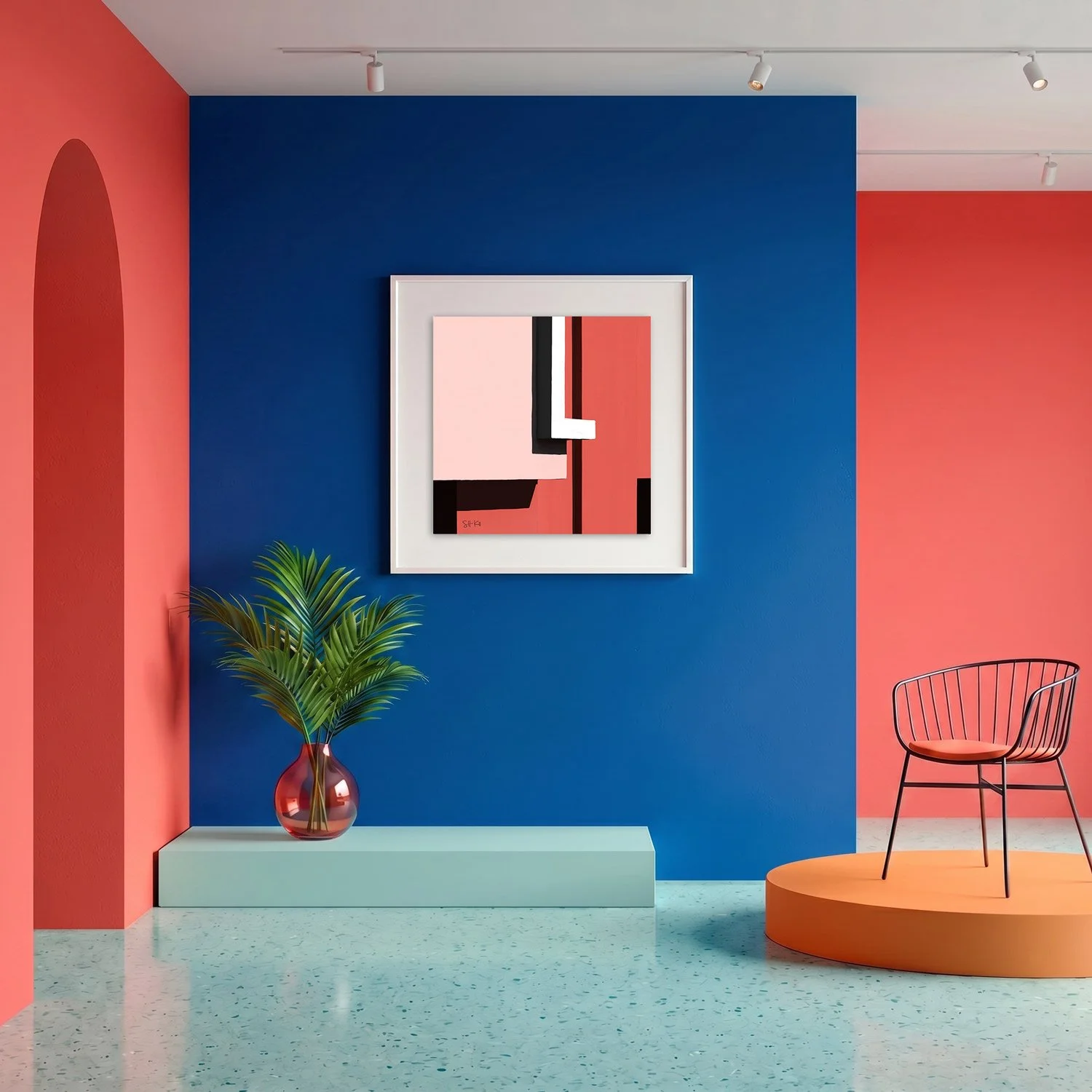 Muralla Roja 27 framed photography print in bold cobalt blue and coral gallery interior