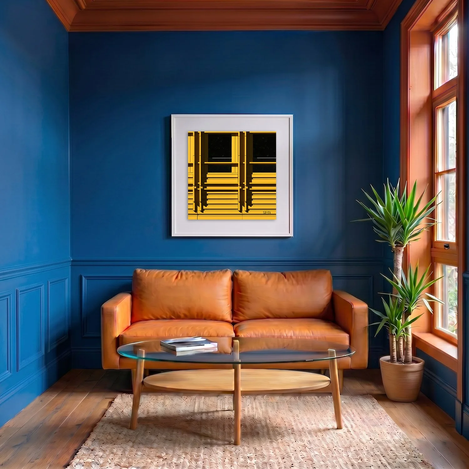 Central Saint Giles 16 framed photography print in deep blue and terracotta classic interior
