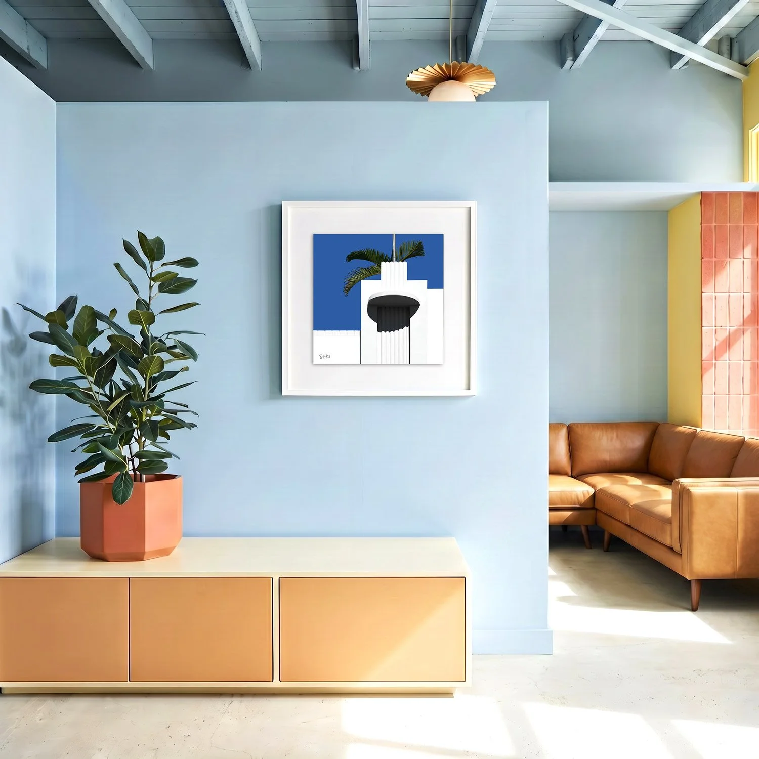 Miami Beach 01 framed photography print in sky blue and caramel coastal interior