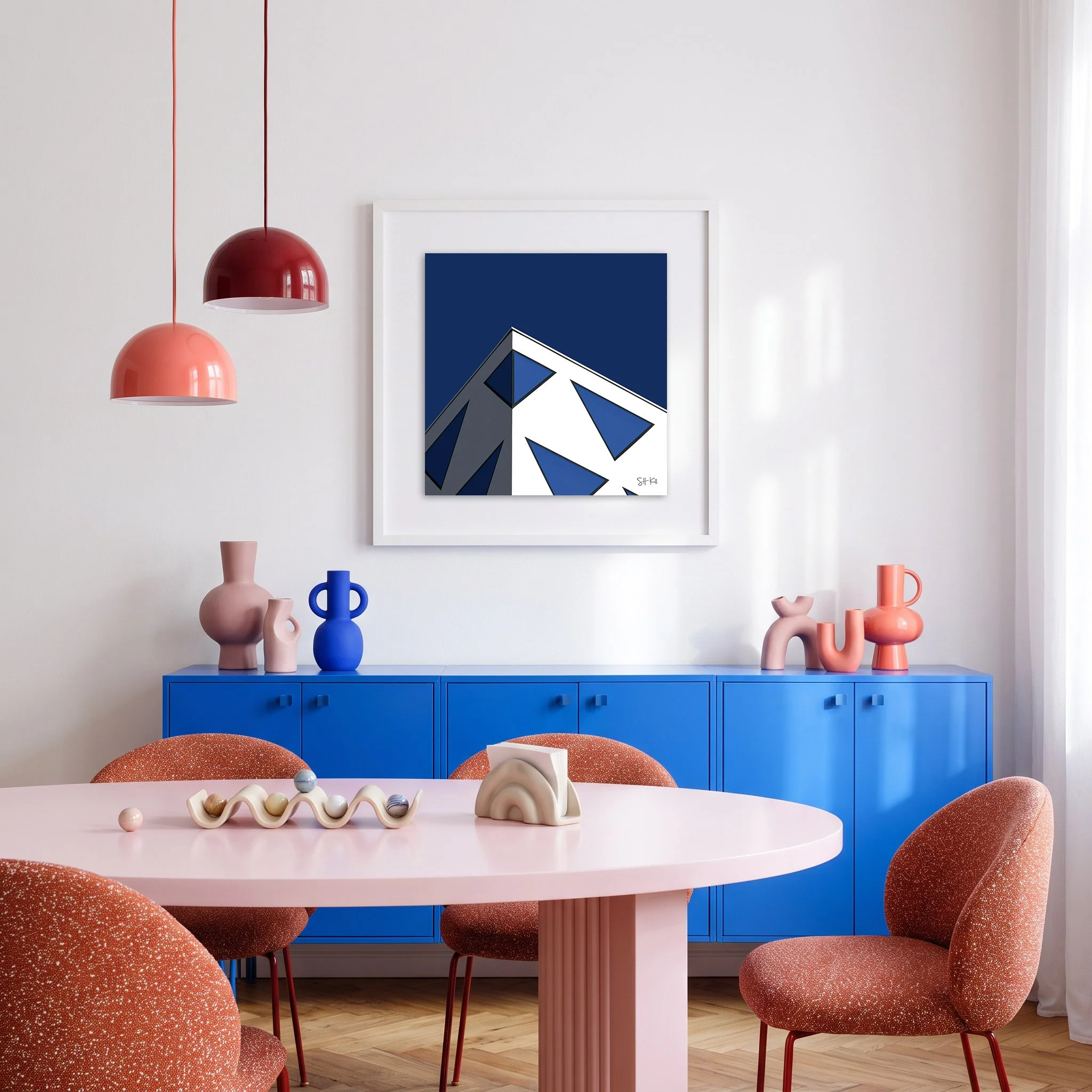 Provinciehuis 03 framed photography print in cobalt blue and coral playful modern dining room